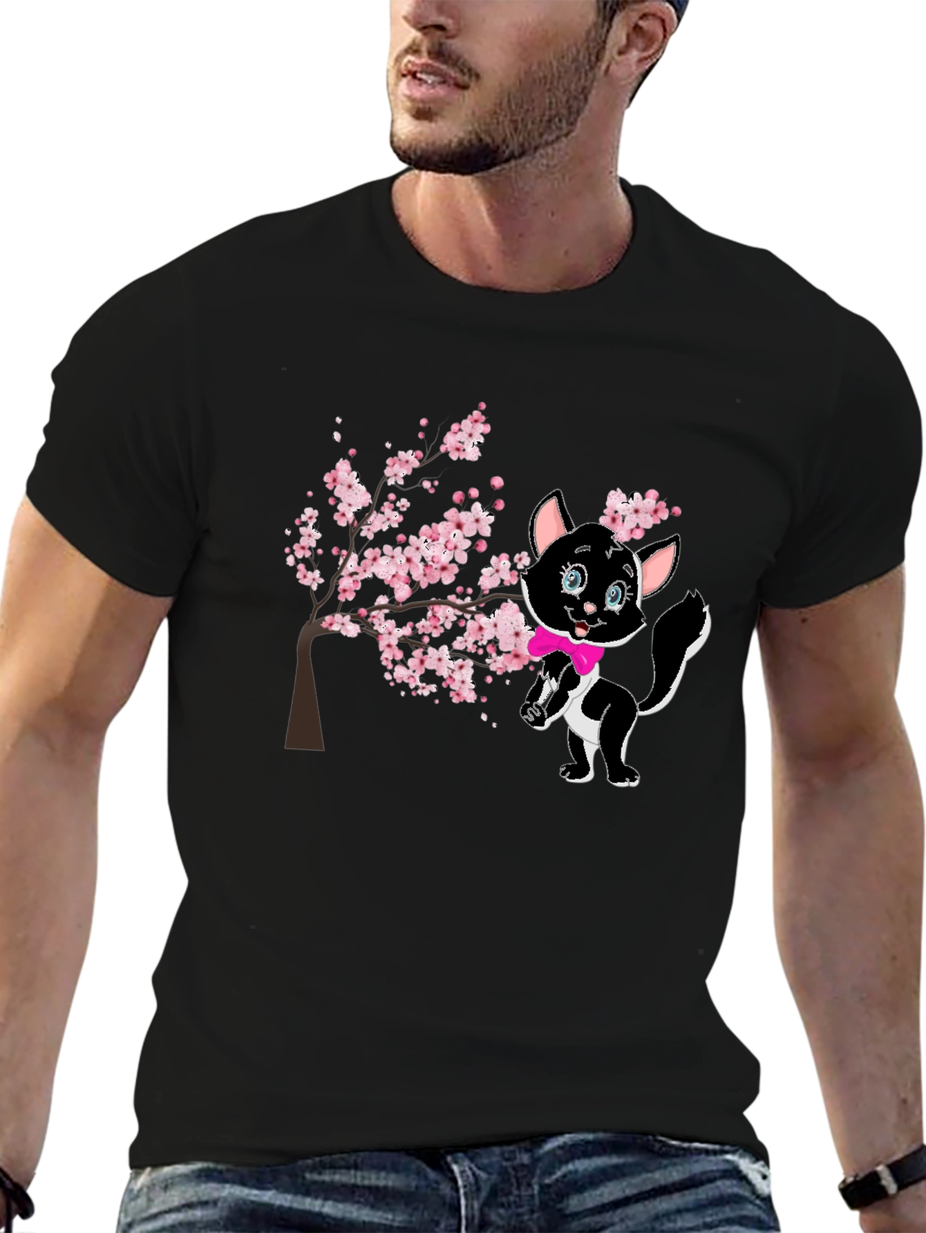 Black Cute Cat & Cherry Blossom Black T-Shirt view 6