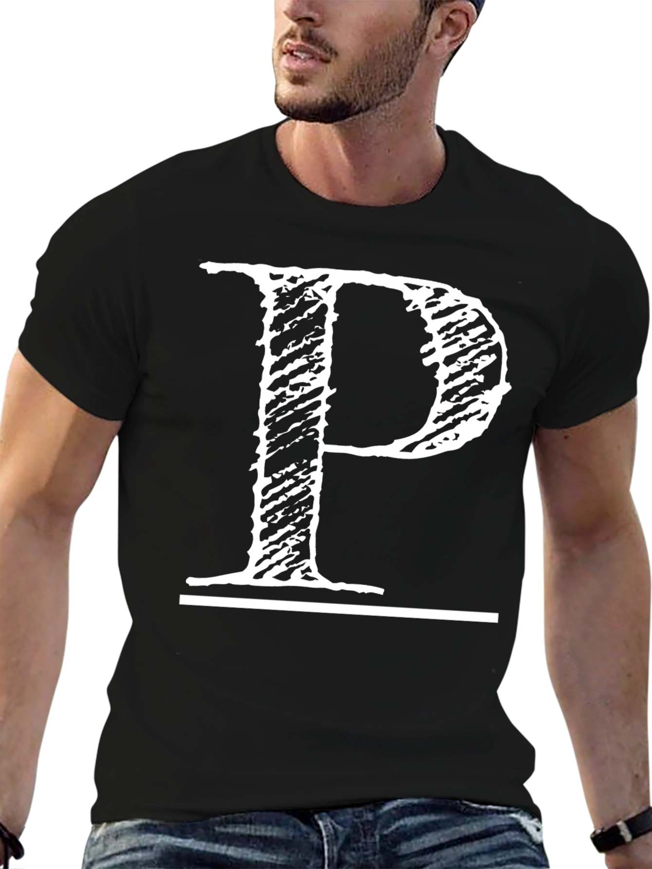 Black Black T-Shirt with Distressed White Letter "P" Design view 6