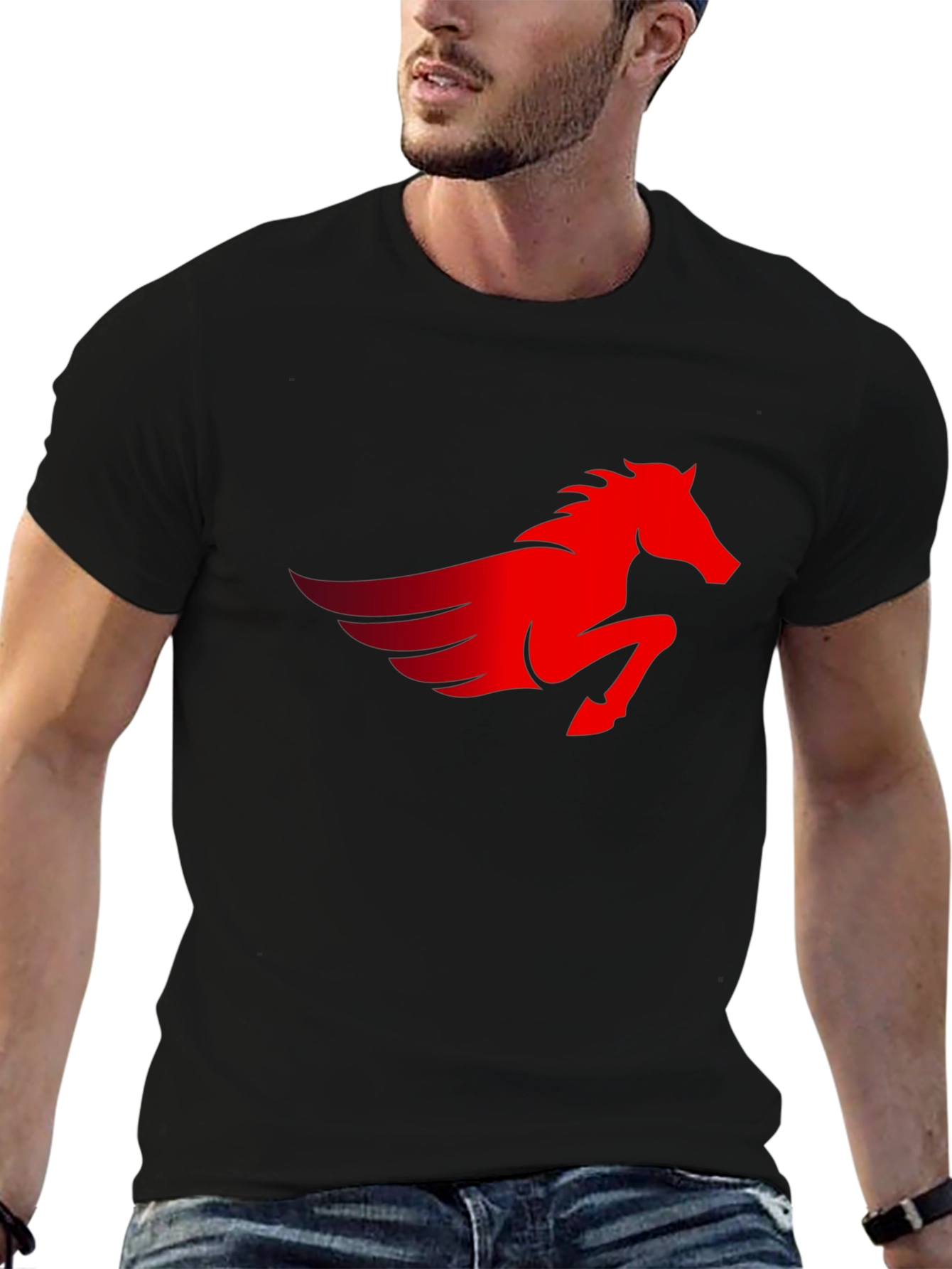 Black Men's Black T-Shirt with Red Pegasus Graphic view 6
