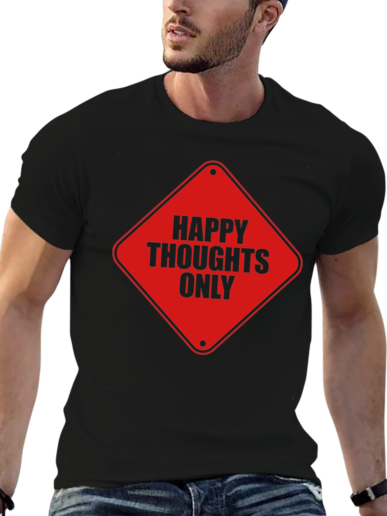 Black Happy Thoughts Only Graphic Tee - Black Cotton T-Shirt view 6