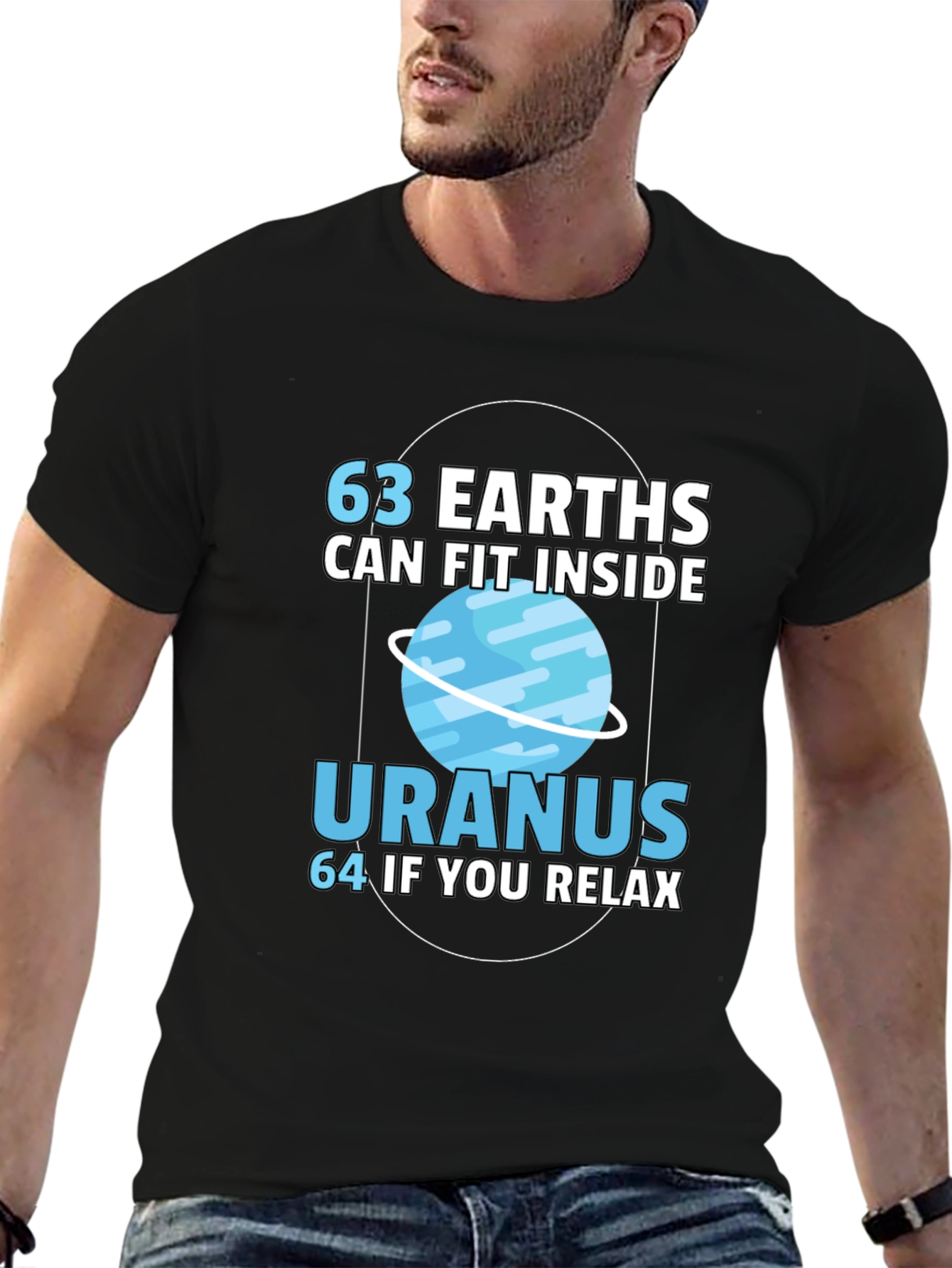 Black 63 Earths in Uranus Funny Graphic T-Shirt view 6