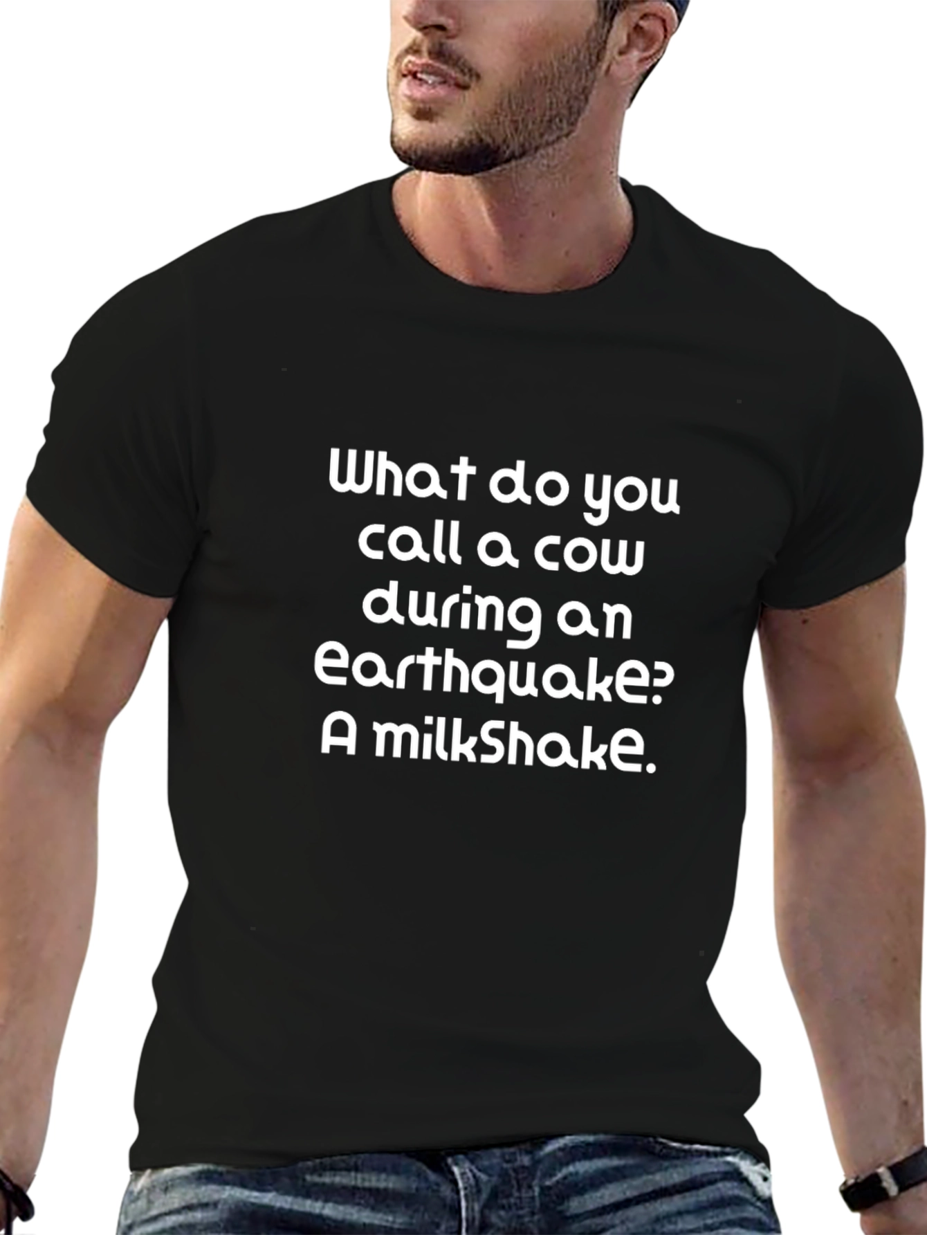 Black Funny Earthquake Cow Milkshake Joke T-Shirt view 6