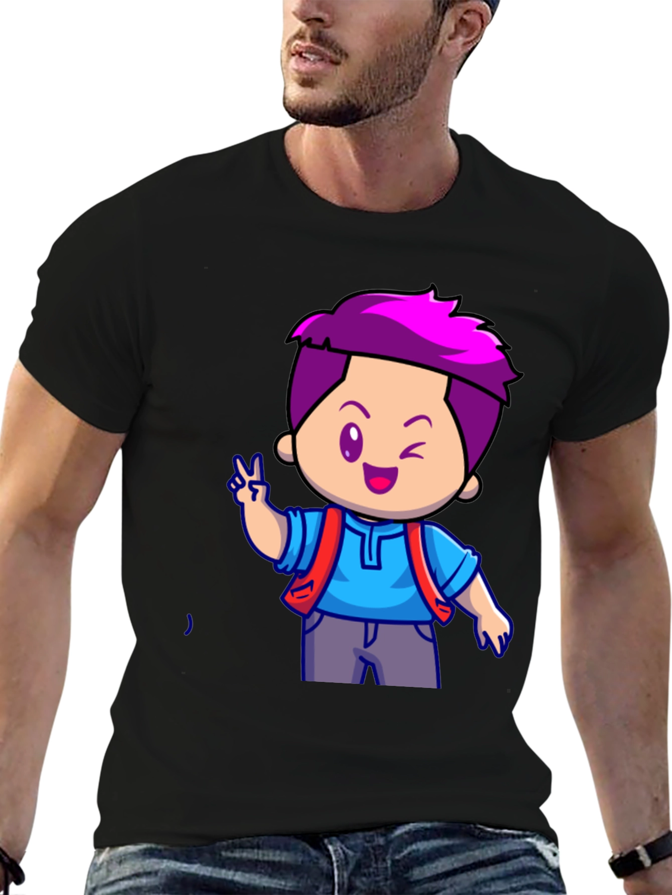 Black Cartoon Boy Graphic T-Shirt - Black view 6