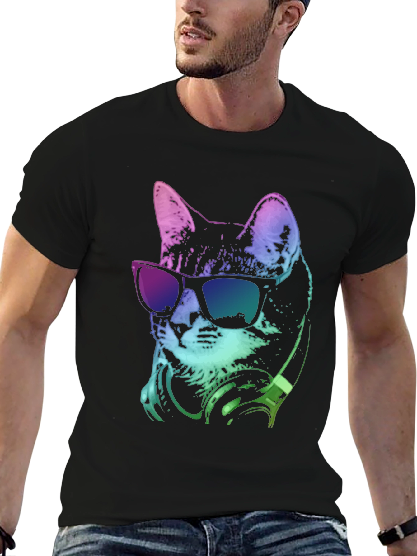 Black Cool Cat Tee: Stylish Graphic Print T-Shirt view 6