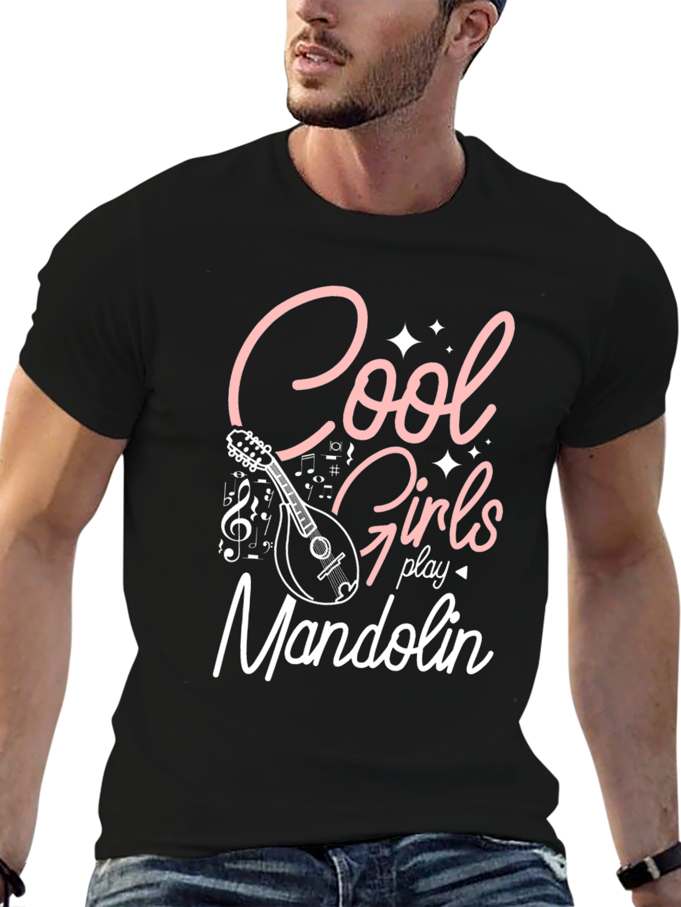 Black Cool Girls Play Mandolin Black Graphic Tee view 6
