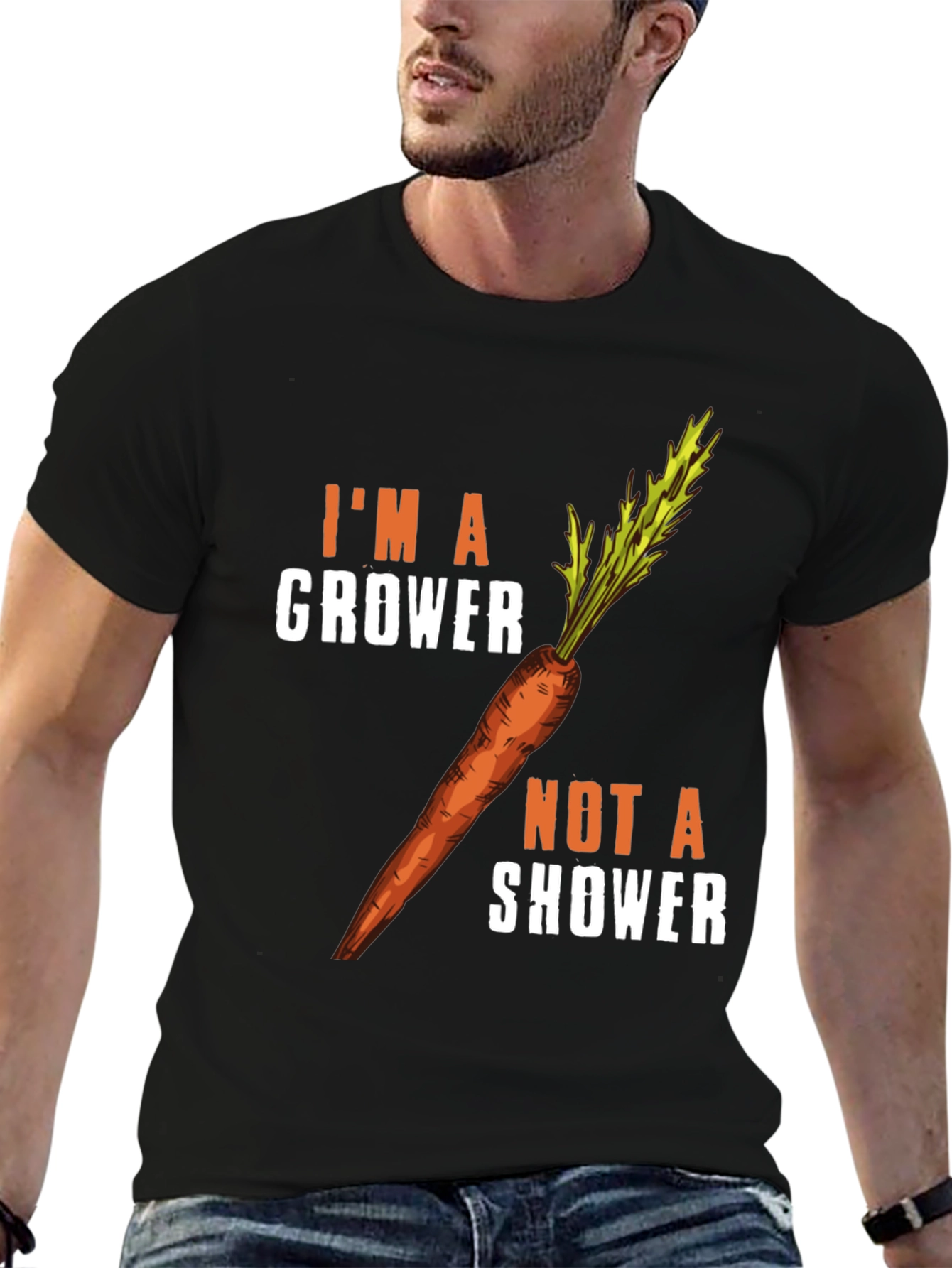 Black I'm a Grower Not a Shower Carrot Humor T-Shirt view 6