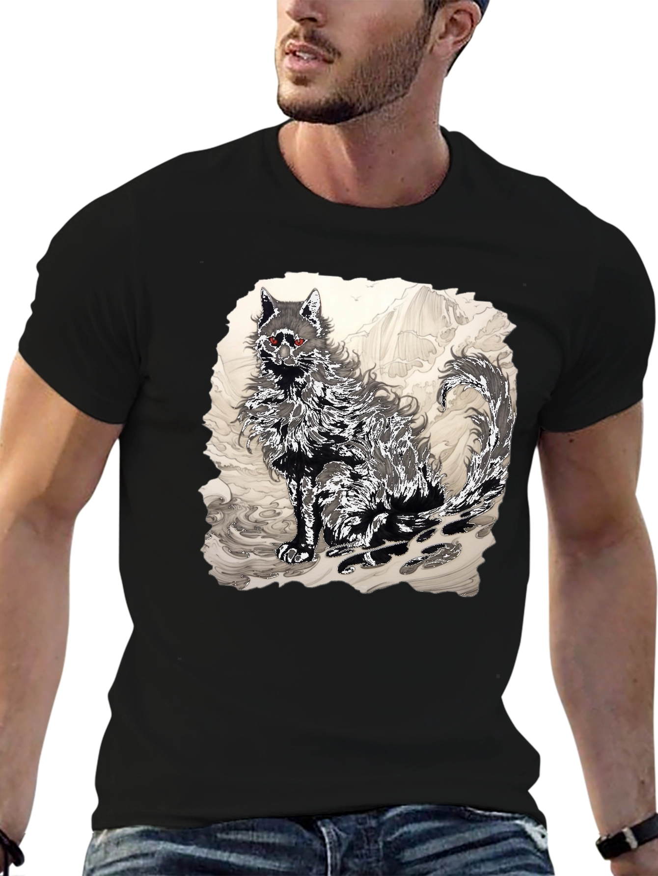 Black Black T-Shirt with Wolf Graphic view 6