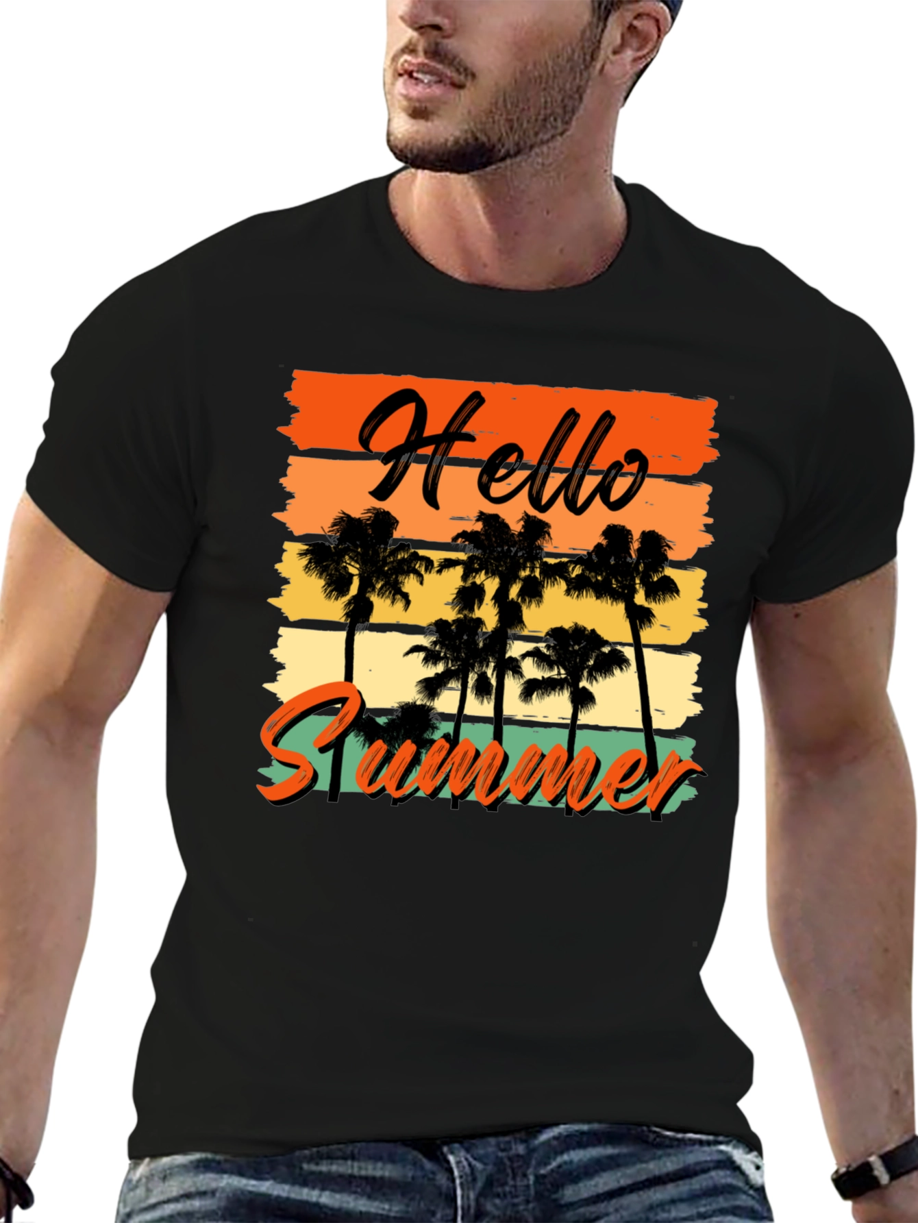Black Hello Summer Graphic Tee - Black T-Shirt with Palm Trees view 6
