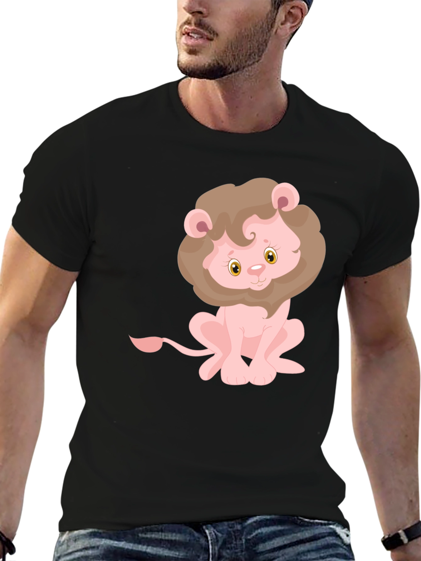 Black Cute Lion Graphic Tee - Black Cotton T-Shirt view 6