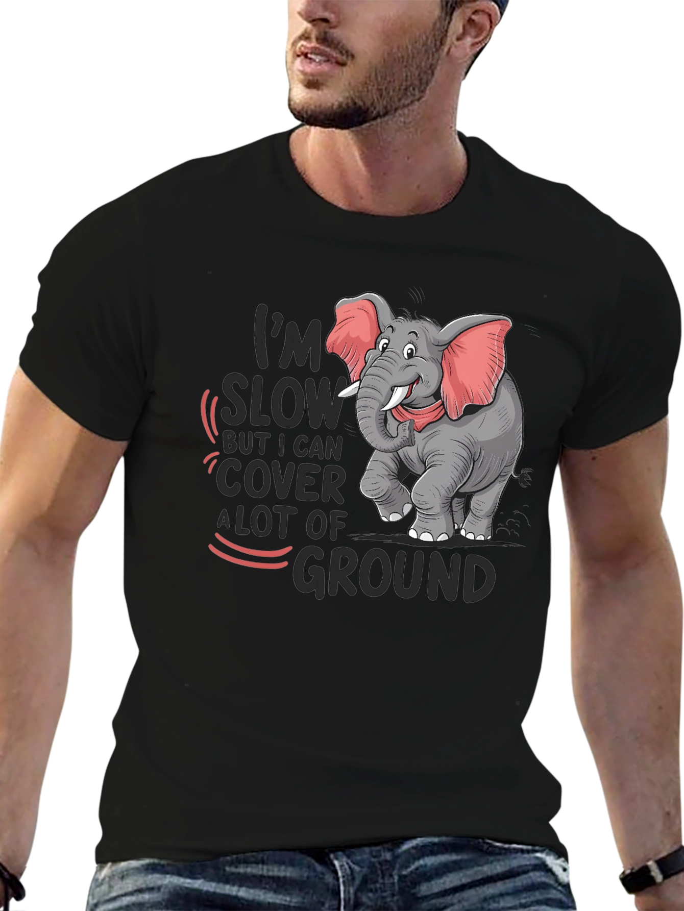 Black Elephant Humor T-Shirt: I'm Slow But Cover Ground view 6