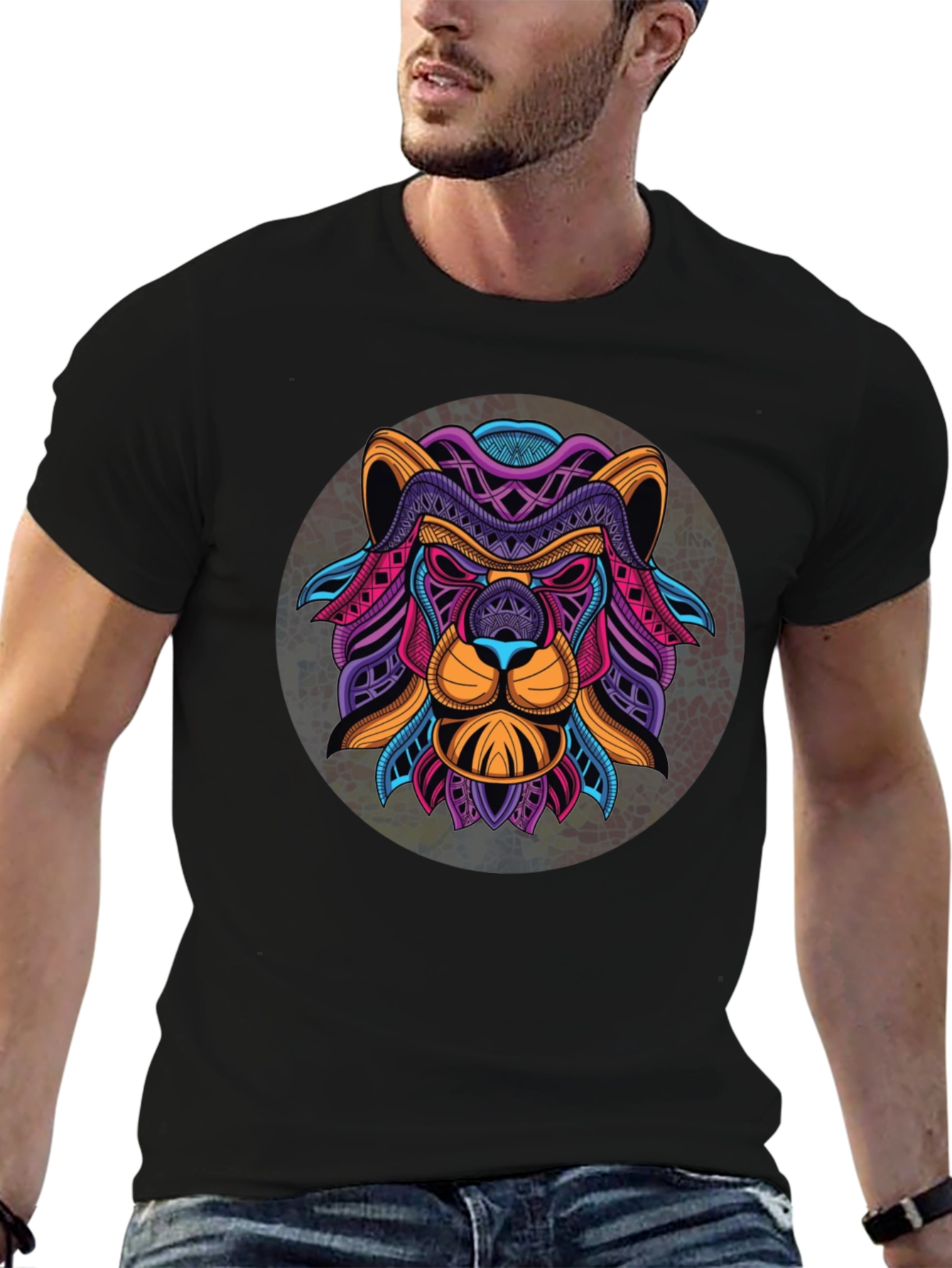 Black Geometric Lion Graphic Black T-Shirt view 6