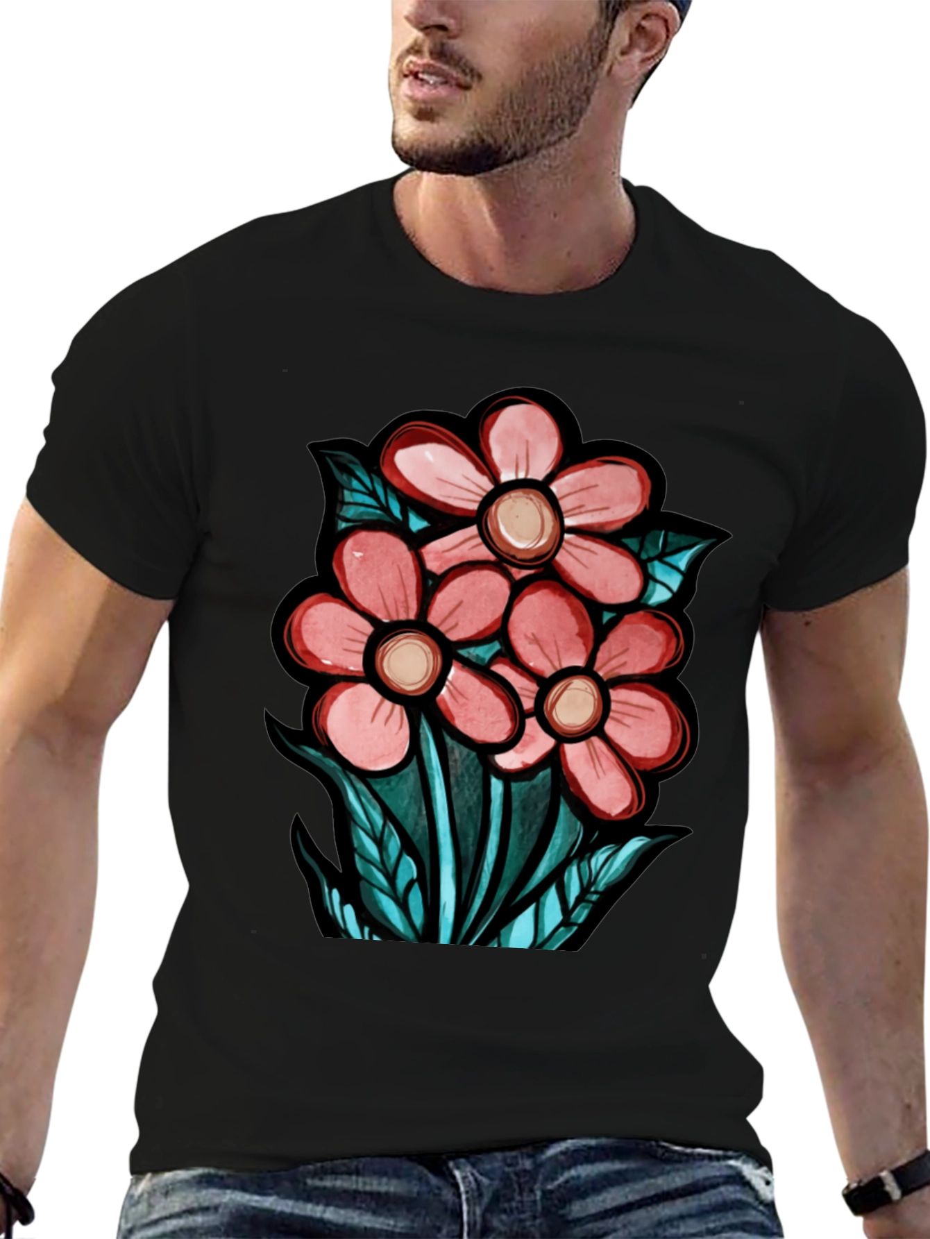 Black Floral Graphic T-Shirt - Unique Design view 6