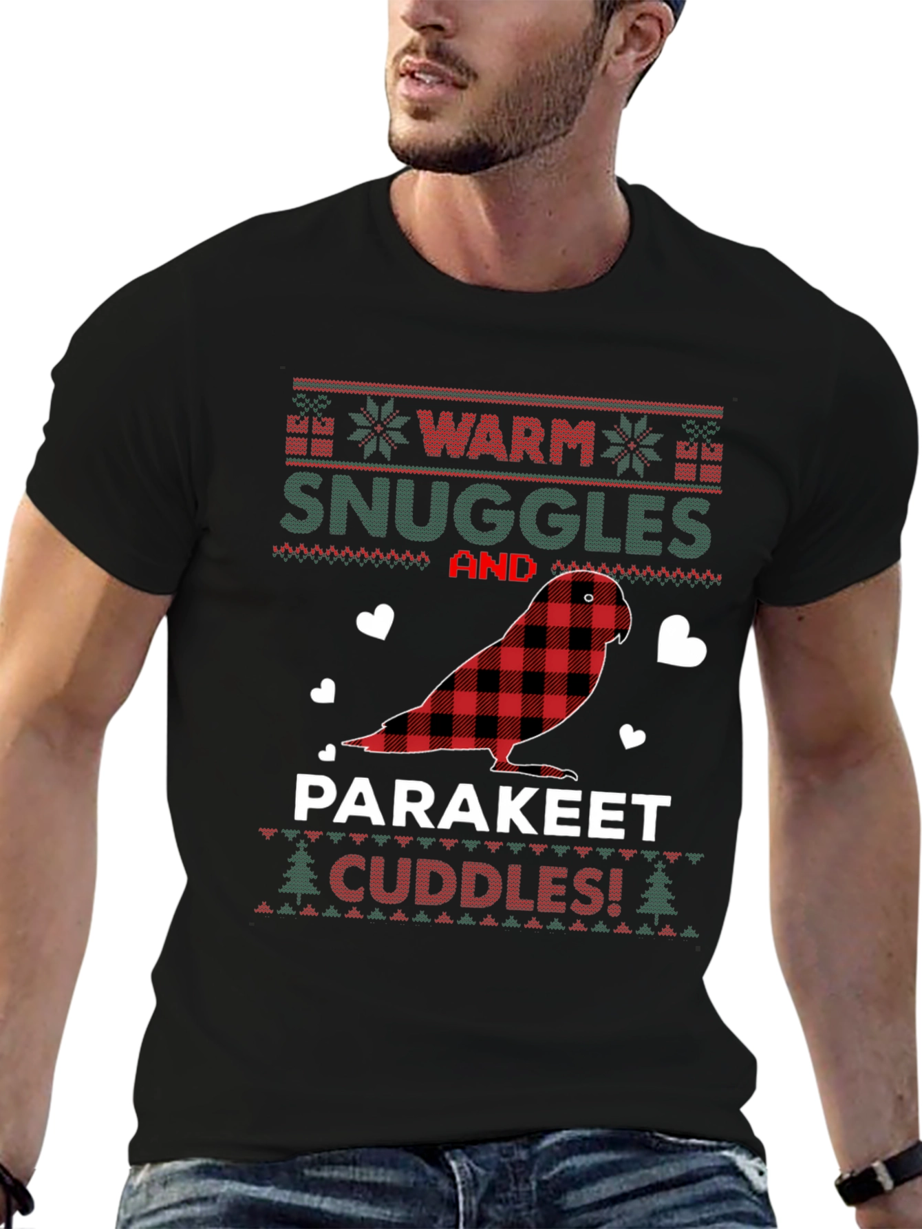 Black Parakeet Cuddles Christmas T-Shirt view 6