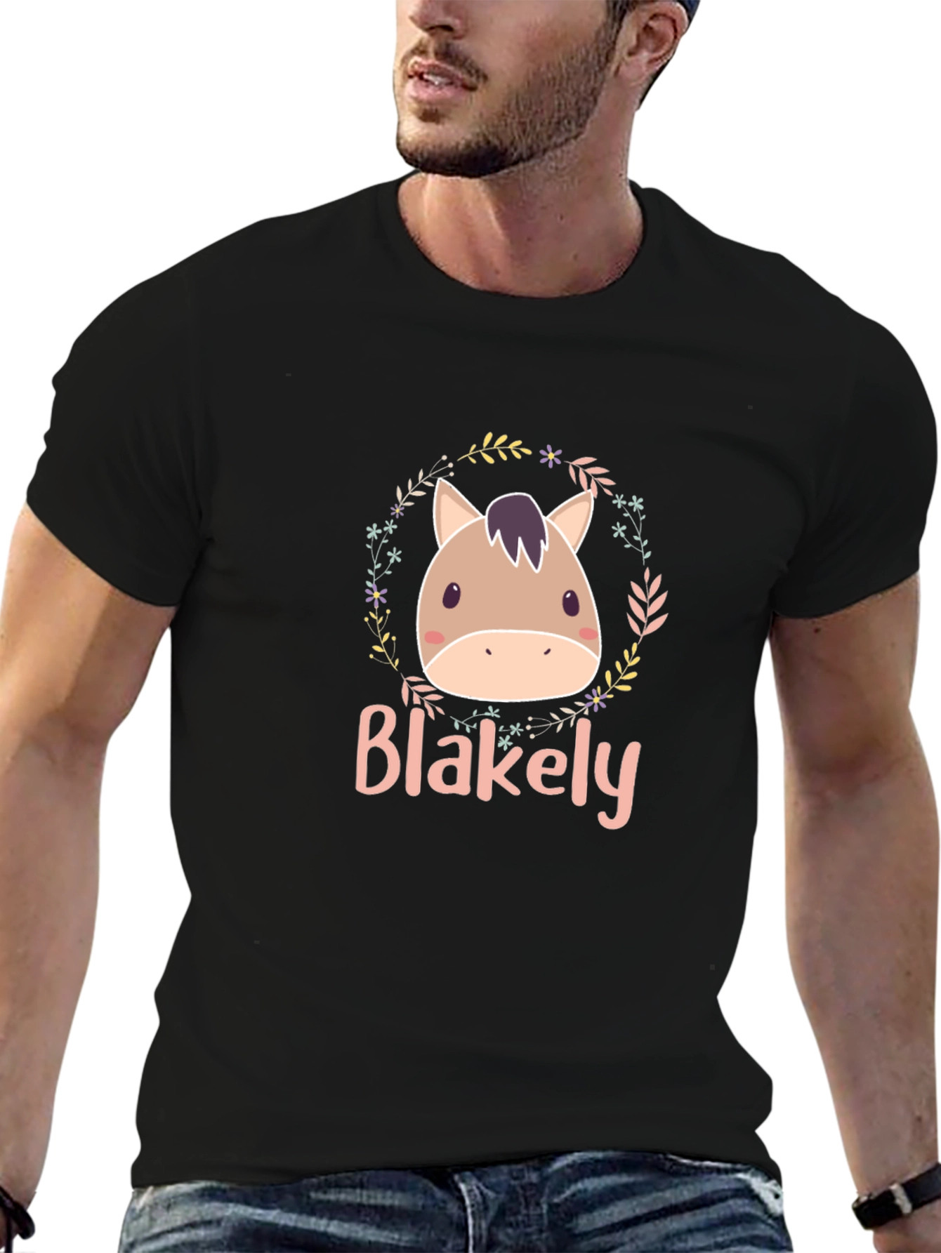 Black Cute Horse Blakely Personalized Black T-Shirt view 6
