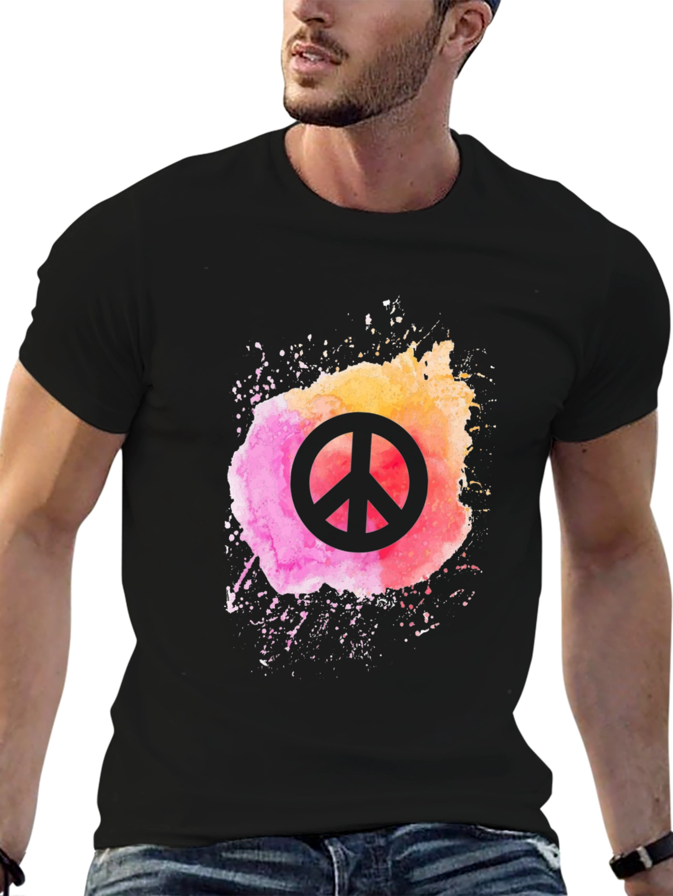 Black Peace Sign Watercolor Graphic Tee - Black view 6