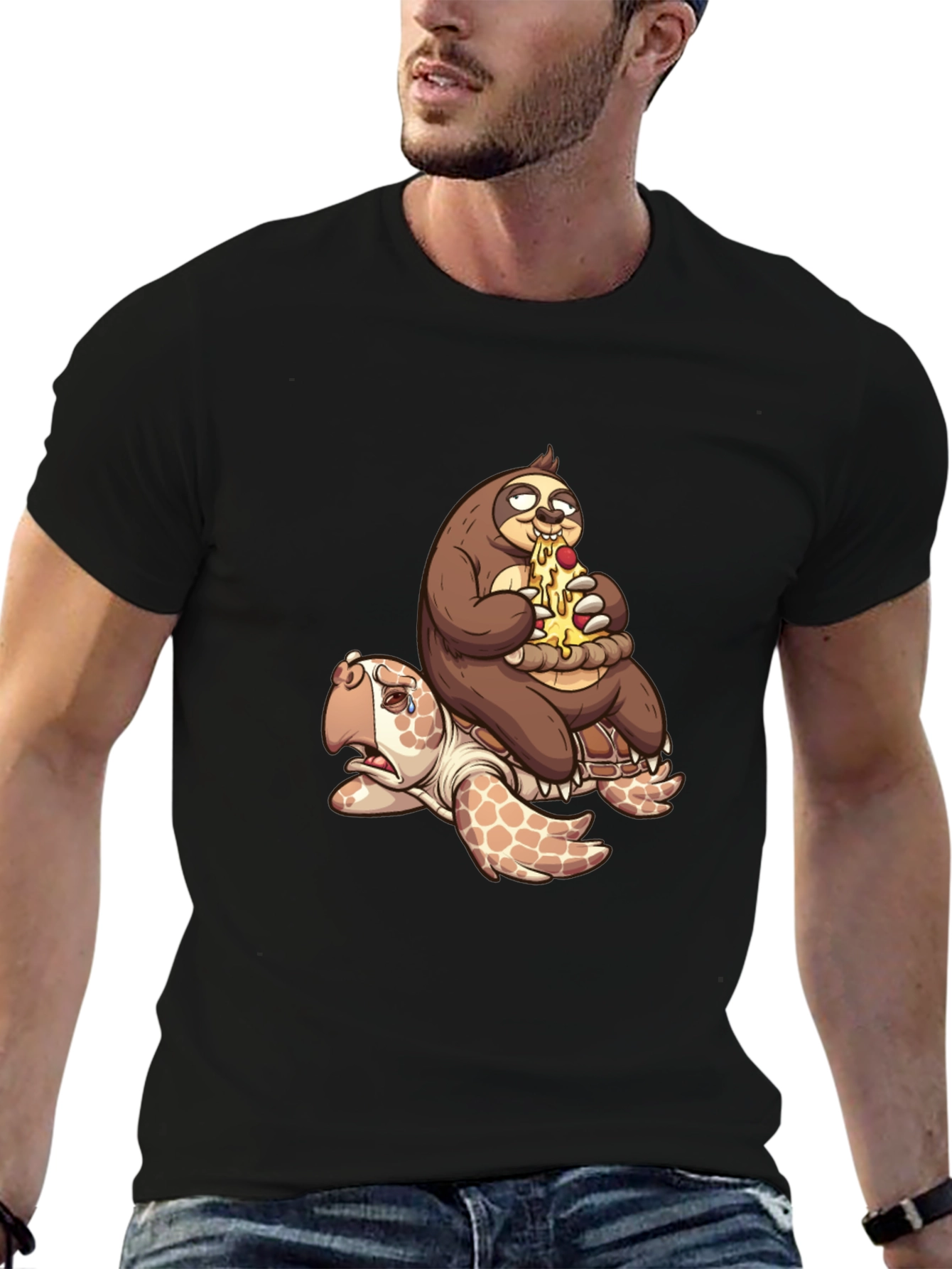 Black Sloth Pizza Turtle Ride T-Shirt - Funny Graphic Tee view 6