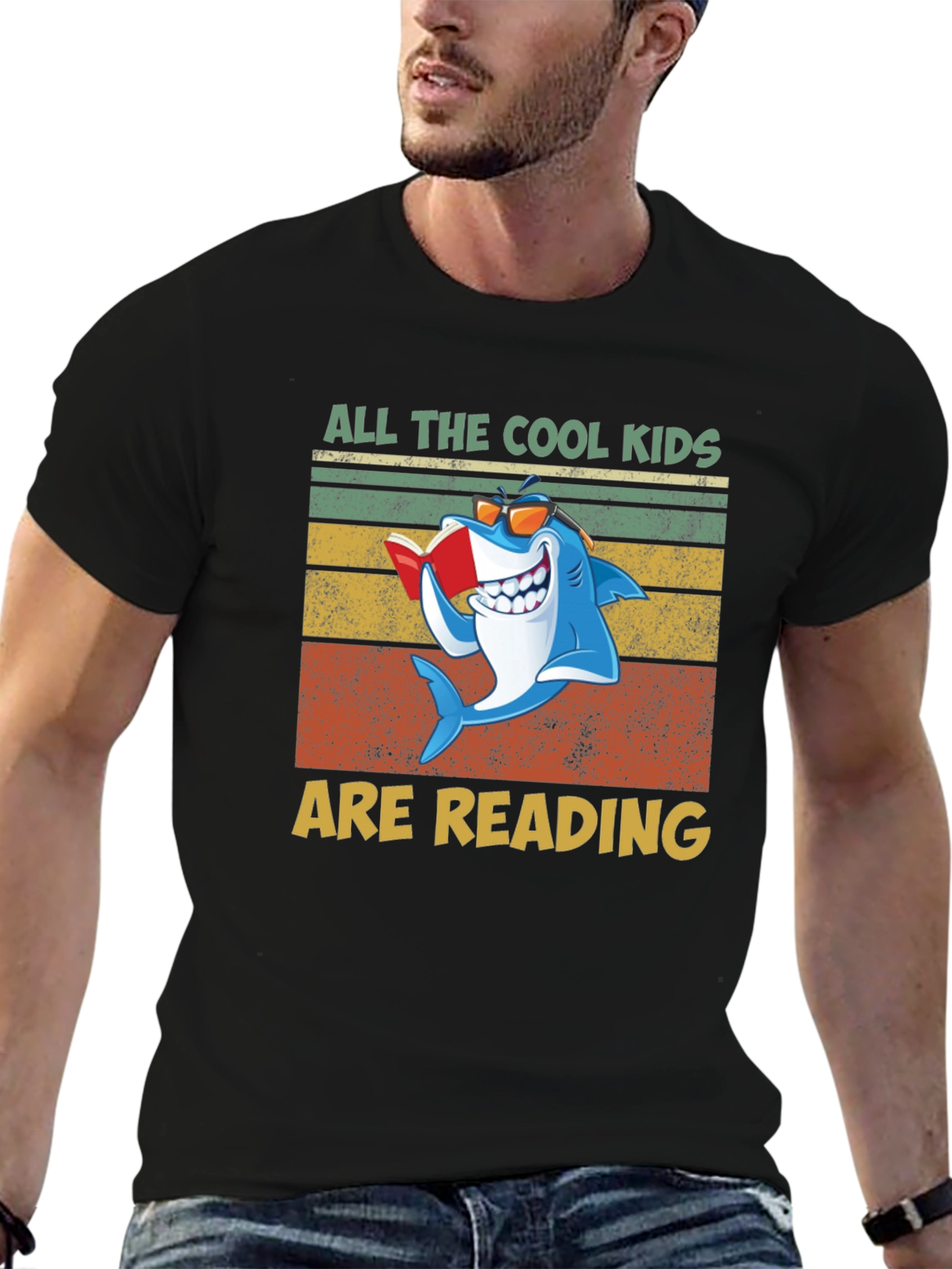 Black Cool Kids Reading Shark Graphic T-Shirt view 6