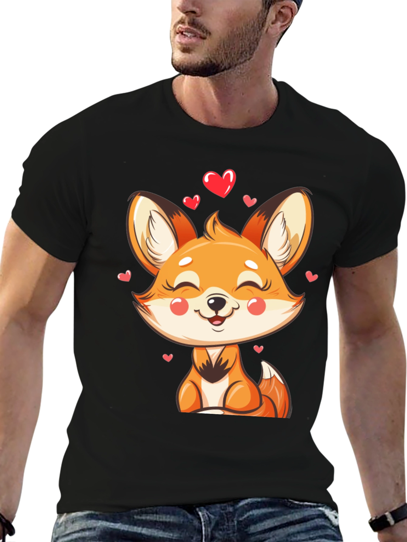 Black Cute Fox Heart Graphic Black T-Shirt view 6