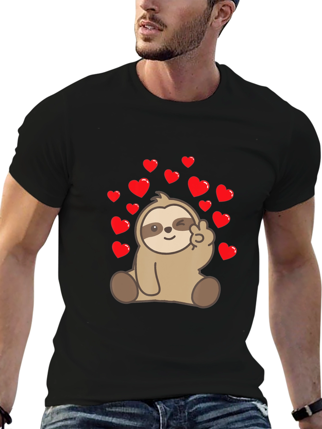 Black Sloth Peace Sign Heart T-Shirt view 6
