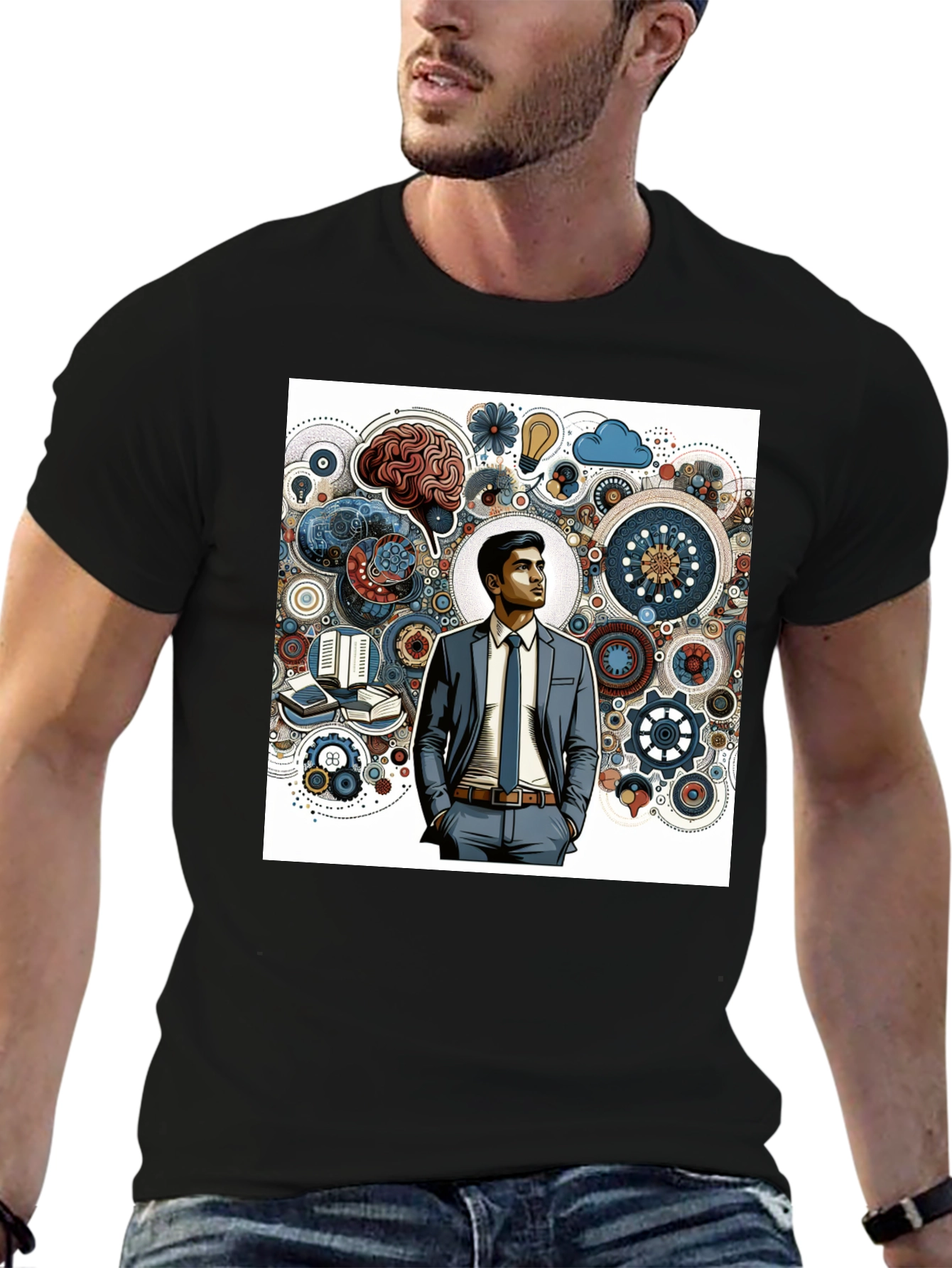 Black Creative Thinking Graphic Tee - Brain Gears Design view 6