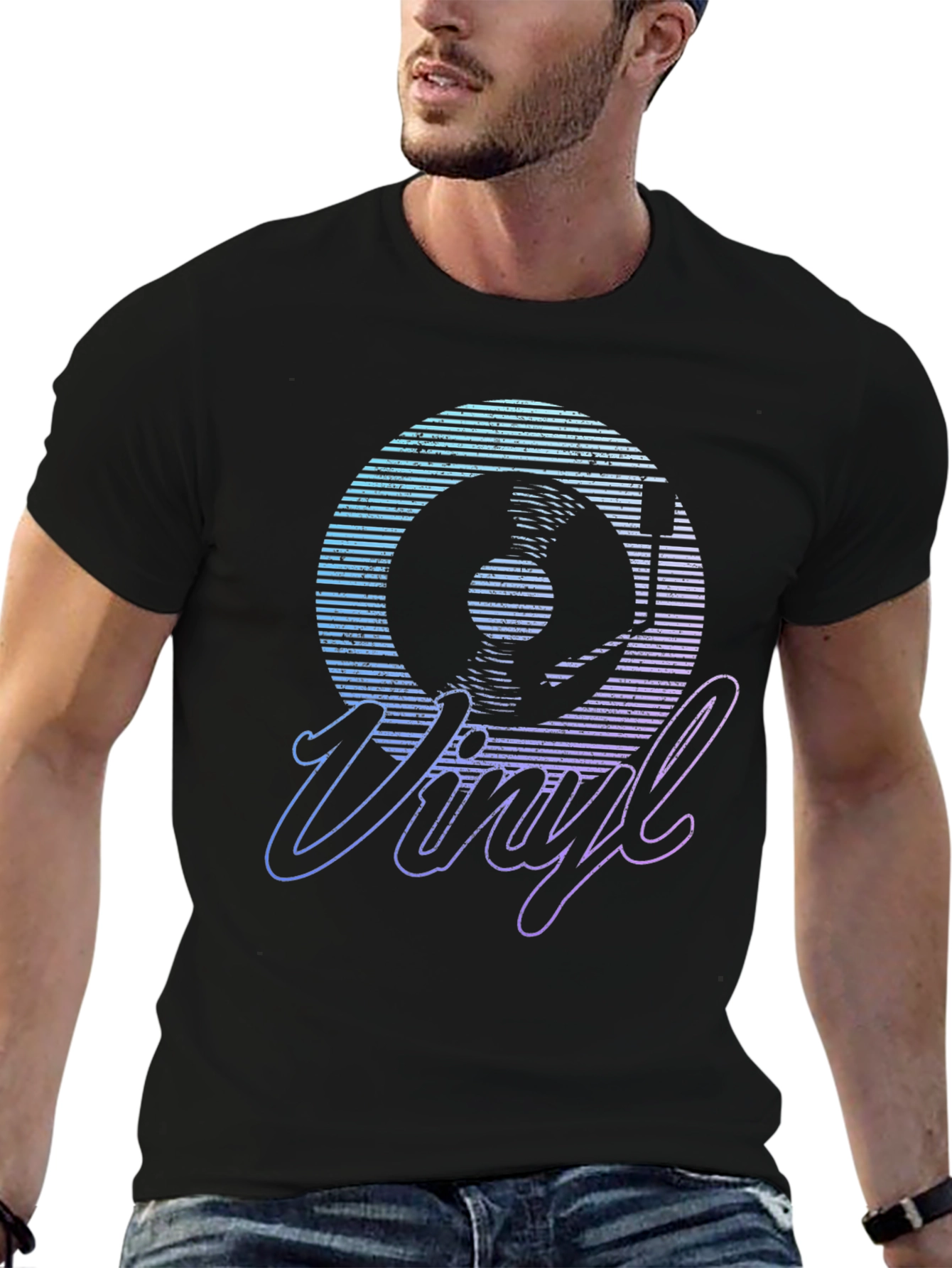 Black Retro Vinyl Record Graphic T-Shirt view 6