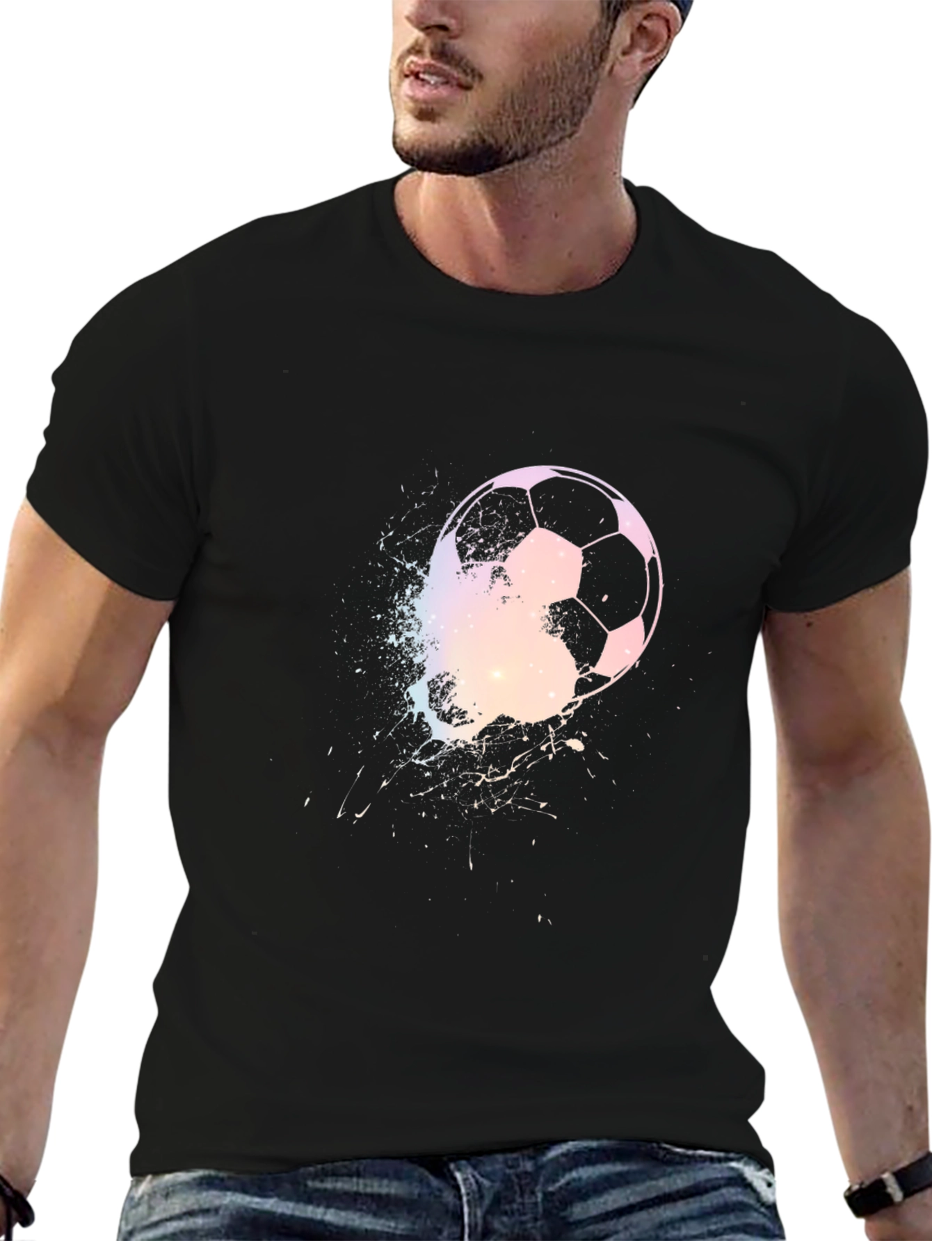 Black Soccer Ball Graphic Print Men's Black T-Shirt view 6