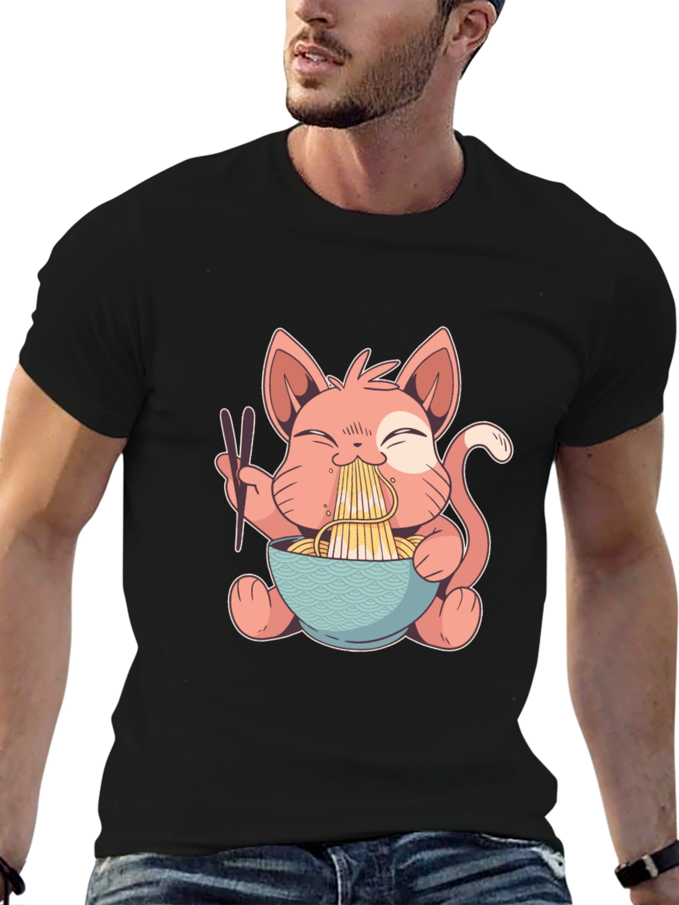 Black Cute Cat Ramen T-Shirt - Black Cotton Tee view 6