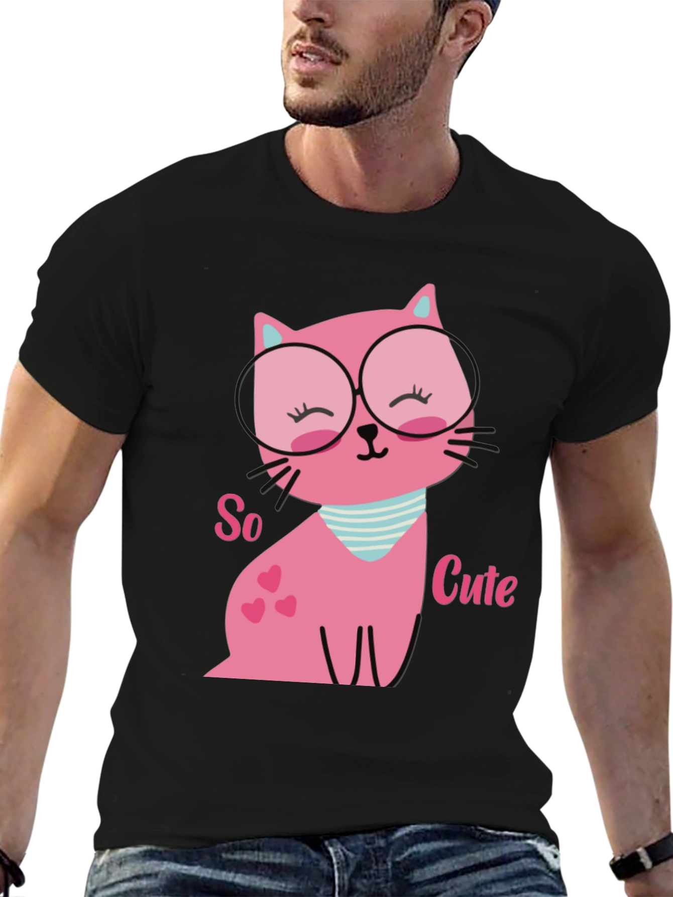 Black Cute Pink Cat T-Shirt view 6
