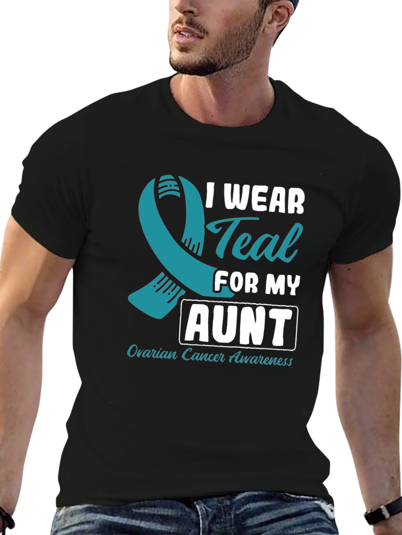 Black Ovarian Cancer Awareness T-Shirt - I Wear Teal For My Aunt view 6