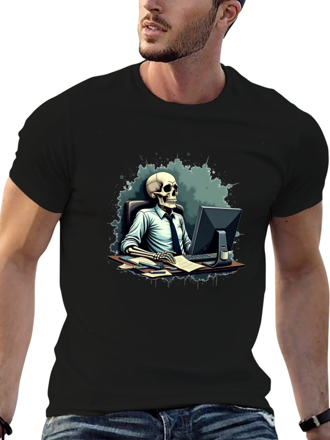 Black Skeleton Office Worker Black T-Shirt view 6