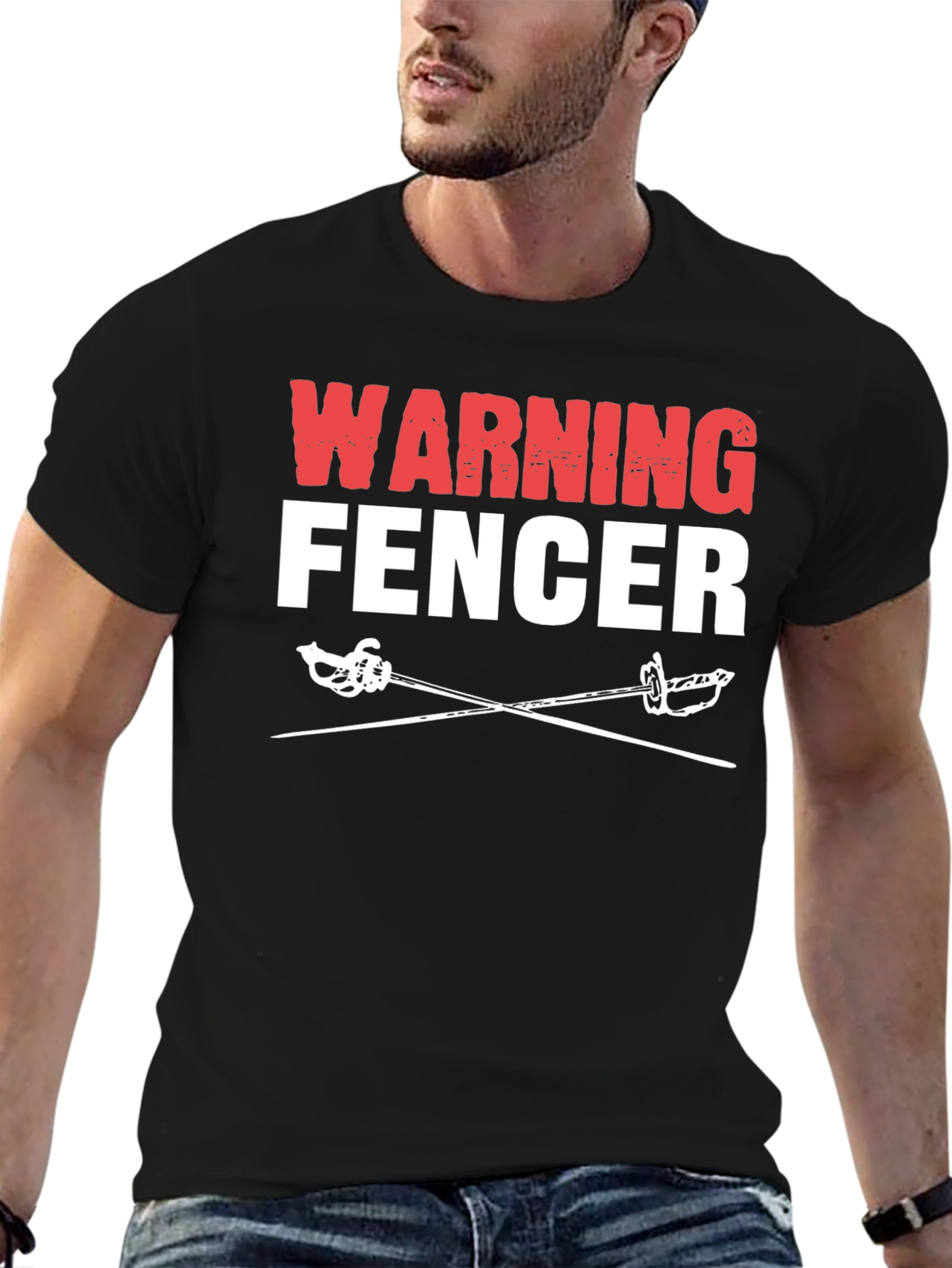 Black Warning Fencer T-Shirt Black Cotton Tee view 6