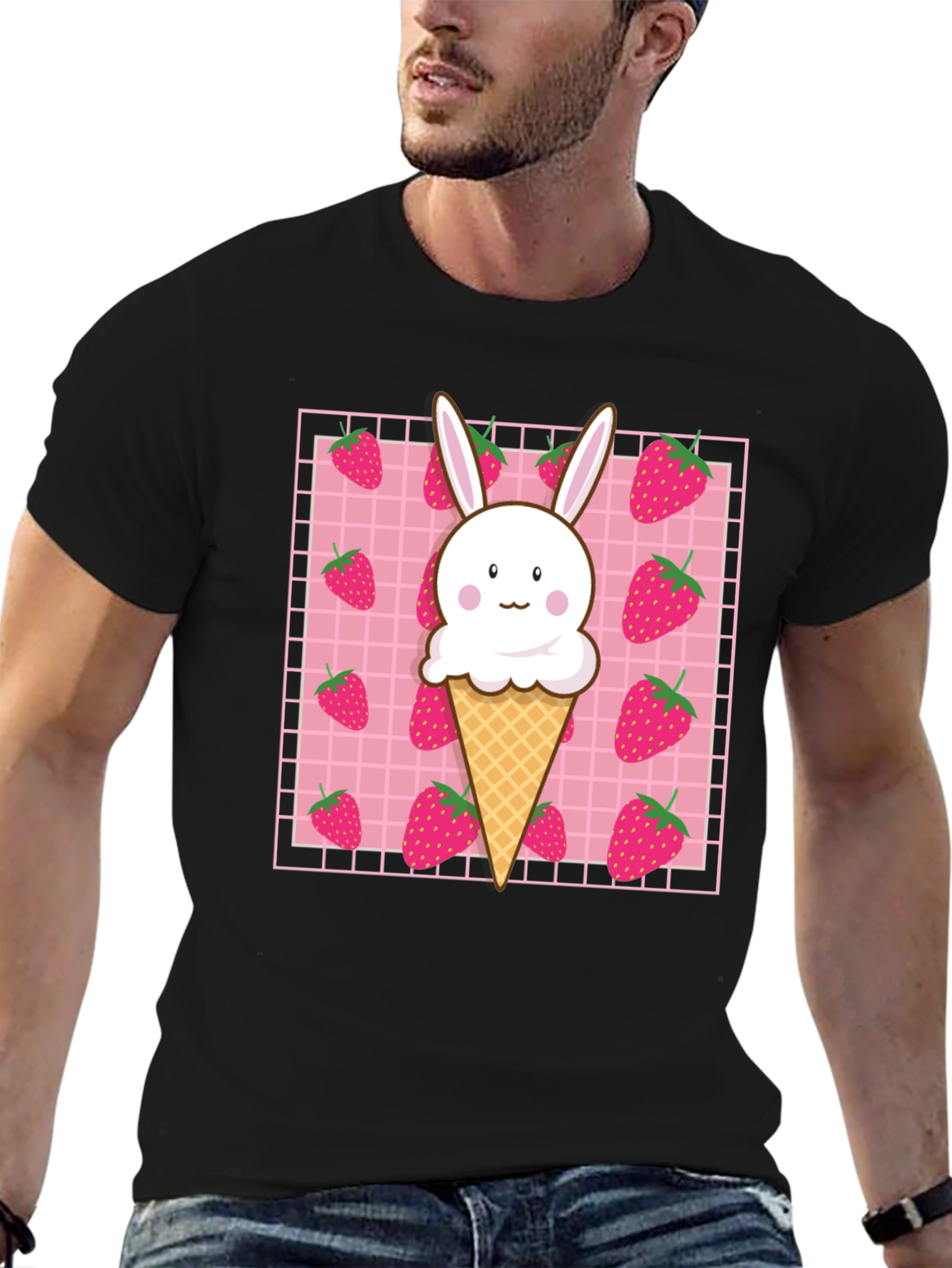 Black Kawaii Strawberry Bunny Ice Cream T-Shirt view 6