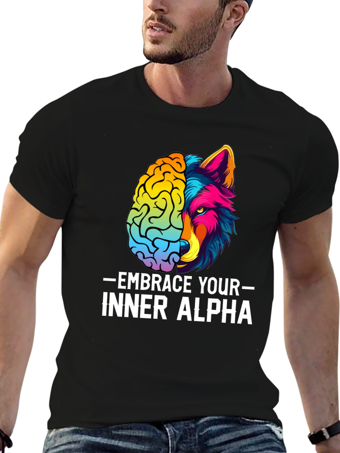 Black Embrace Your Inner Alpha T-Shirt - Brain & Wolf Design view 6