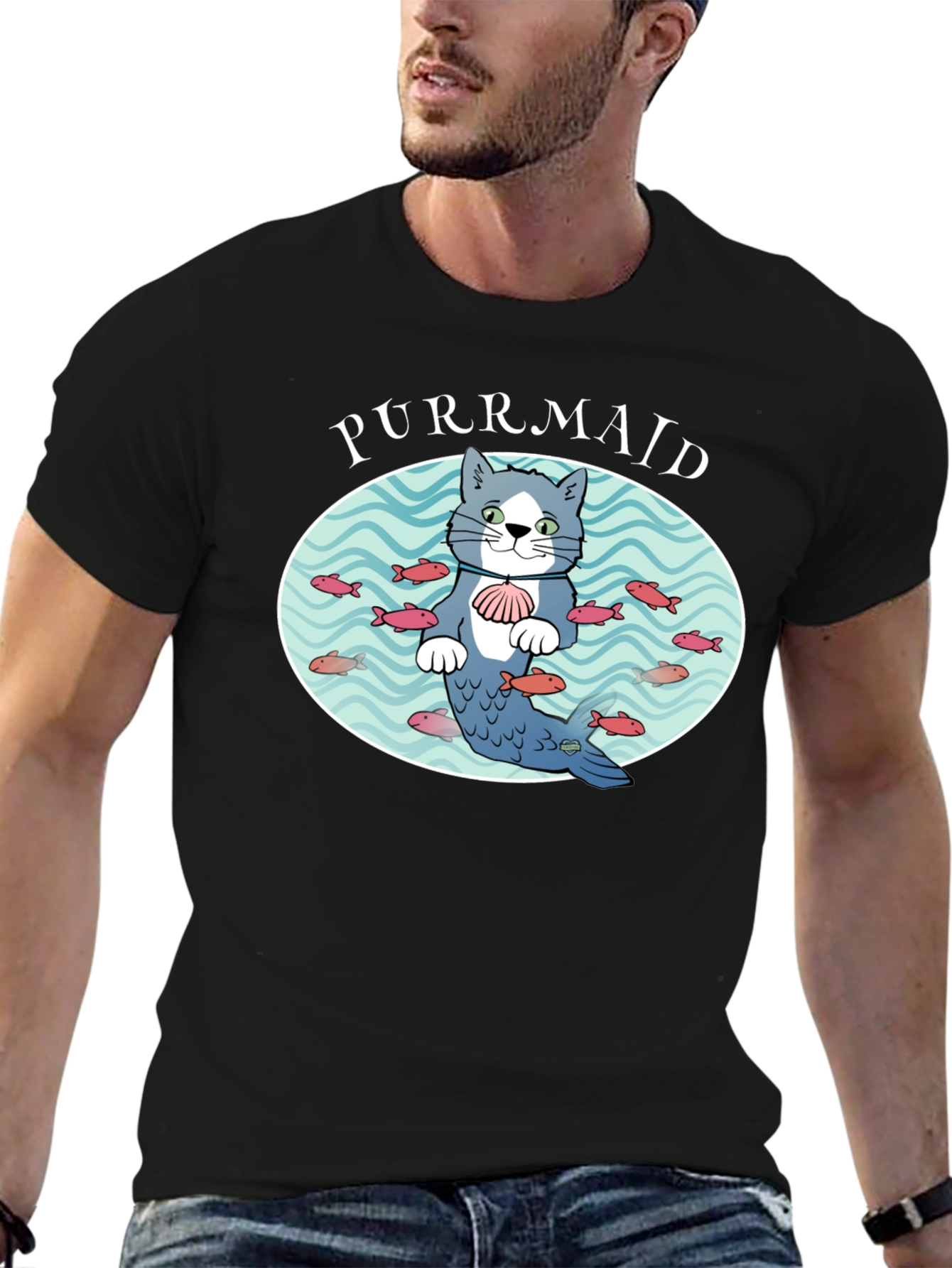 Black Purrmaid Cat Graphic T-Shirt - Unisex Cotton Tee view 6