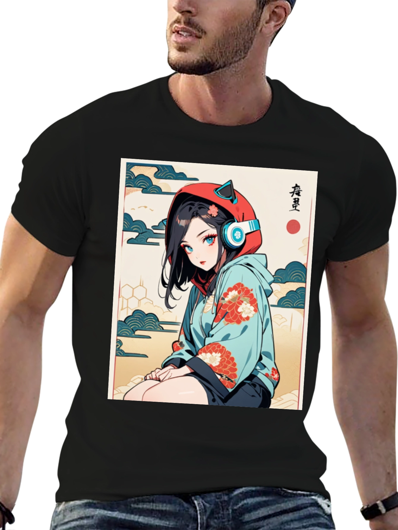 Black Anime Girl Ukiyo-e Style Graphic Tee view 6