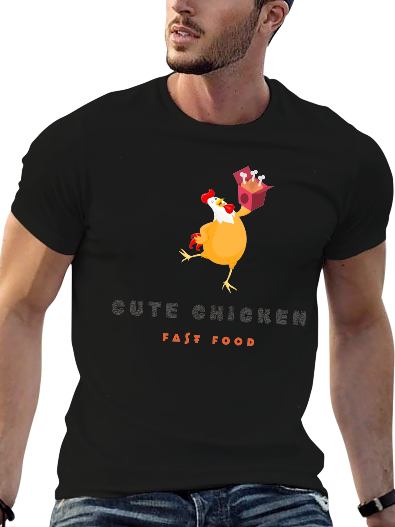 Black Funny Chicken Fast Food T-Shirt view 6