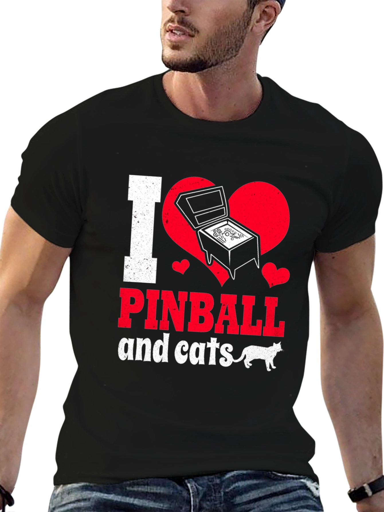 Black I Love Pinball and Cats Graphic T-Shirt view 6