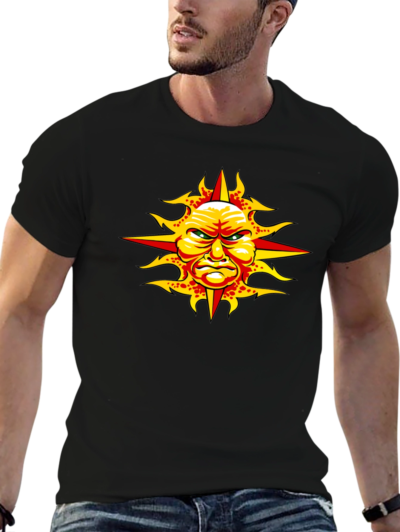 Black Angry Sun Graphic Tee - Unique Design, Black T-Shirt view 6