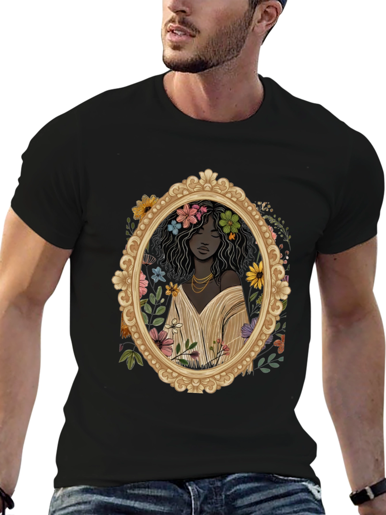 Black Floral Portrait Graphic Tee - Black Unisex T-Shirt view 6