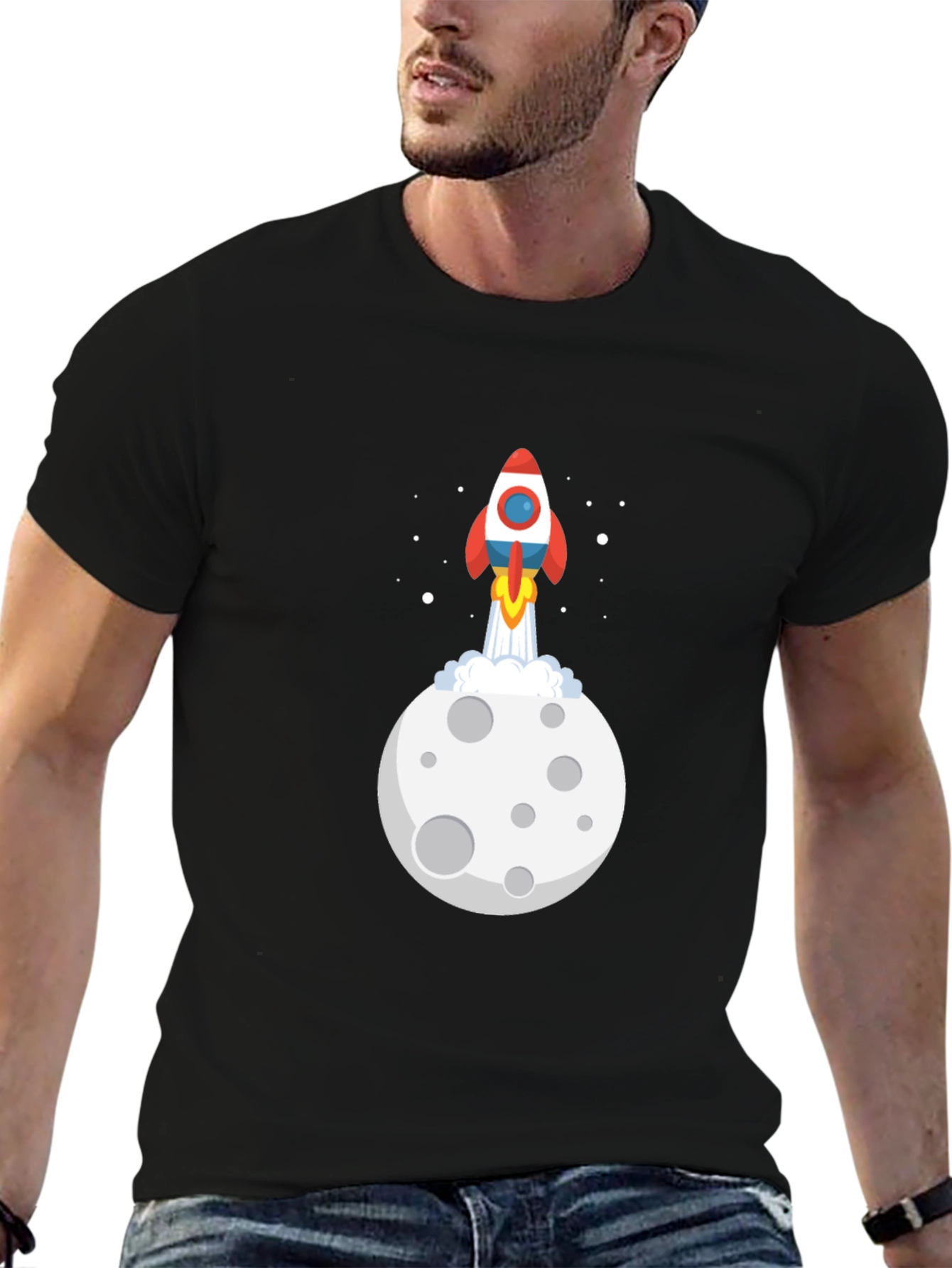 Black Rocket Moon Graphic Black T-Shirt view 6