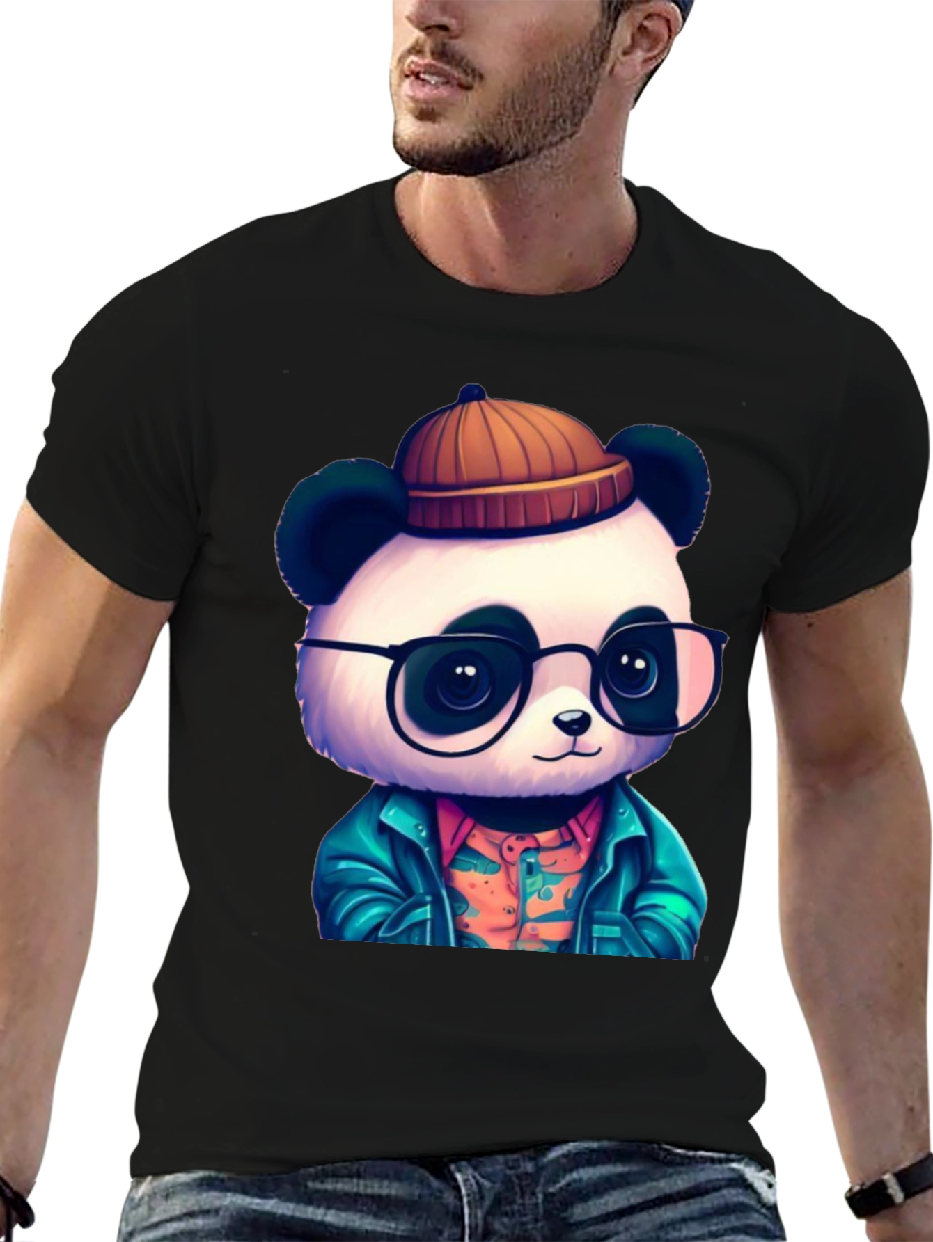 Black Cool Panda Graphic Tee - Black Cotton T-Shirt view 6