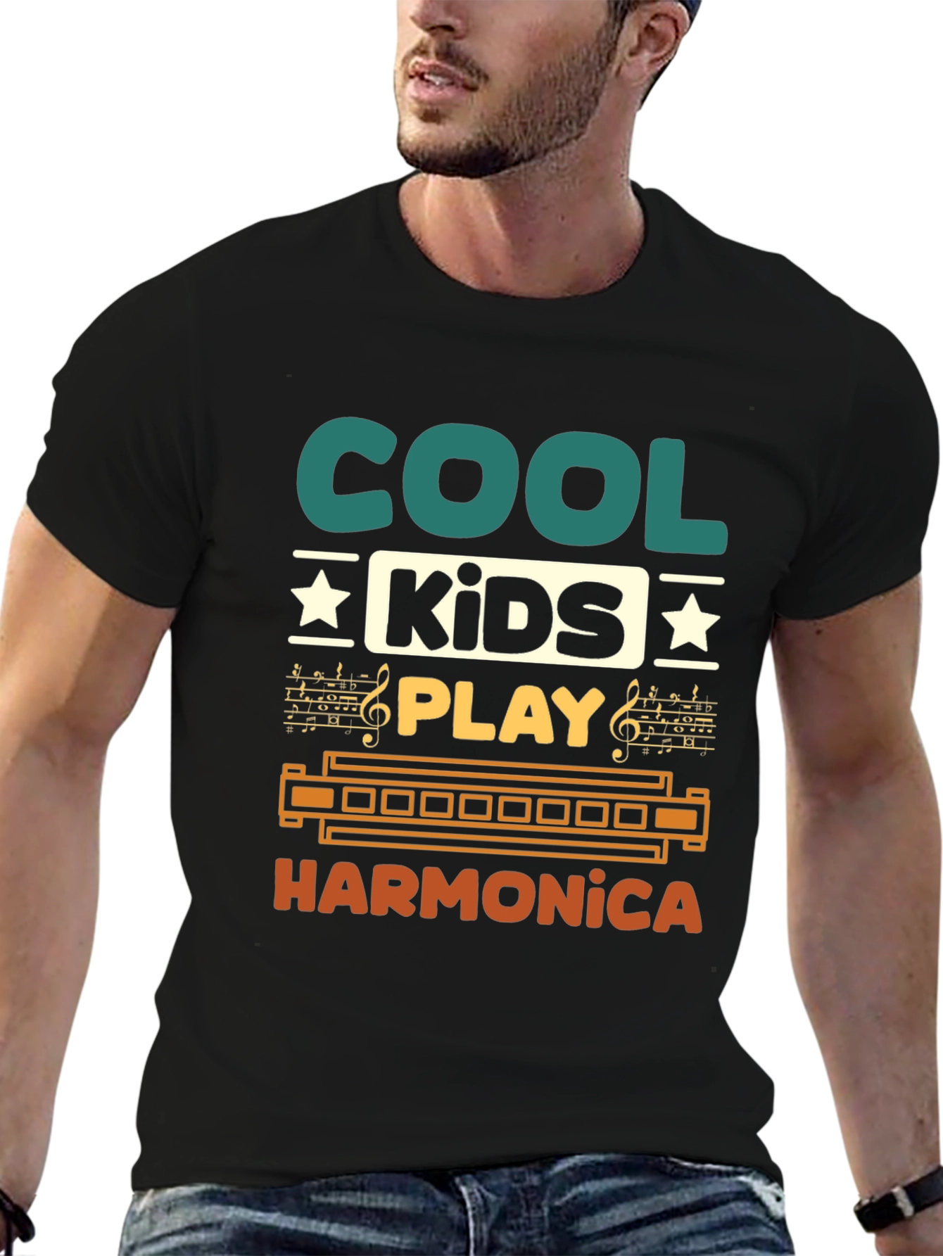Black Cool Kids Harmonica Graphic T-Shirt view 6