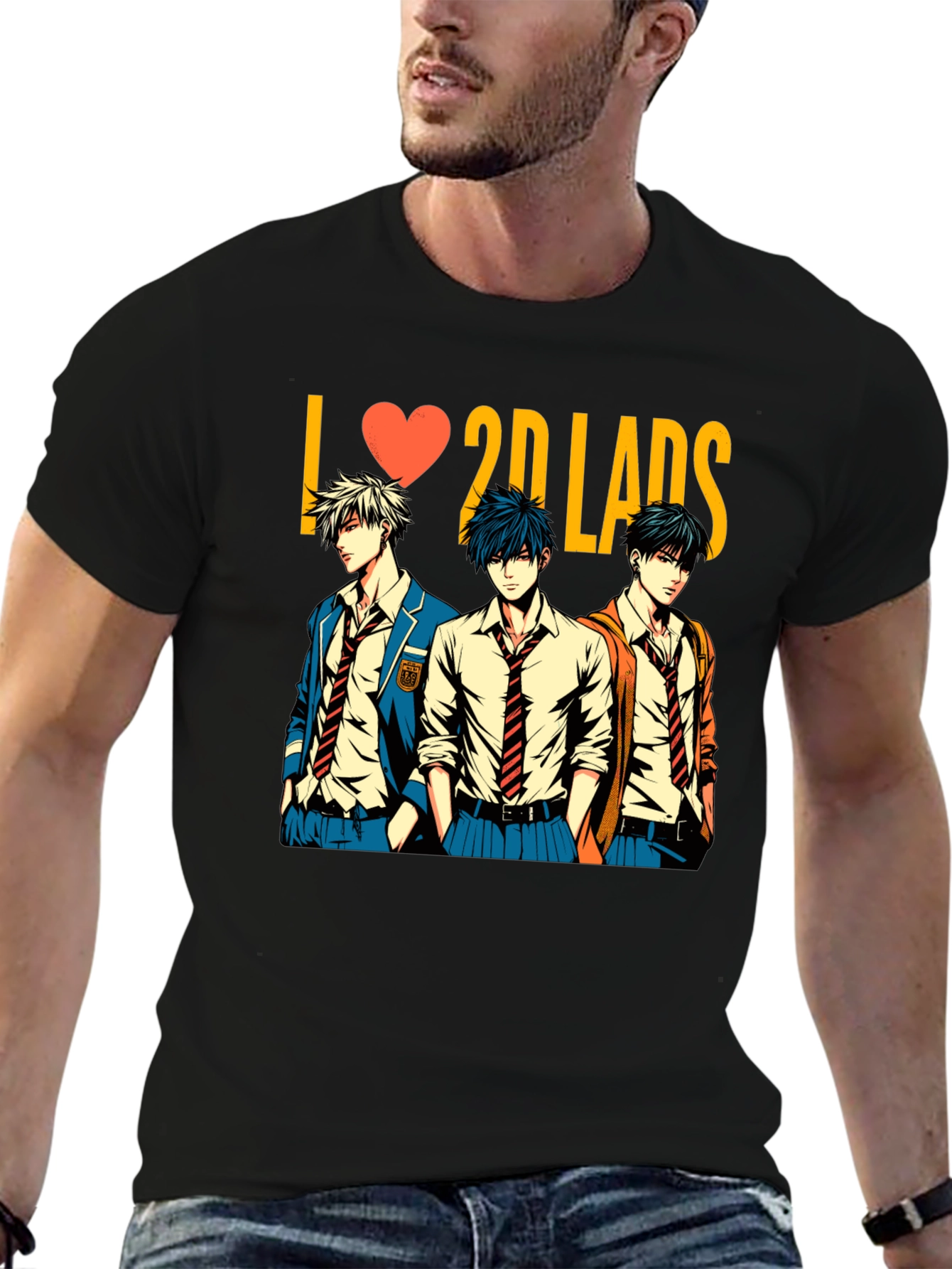 Black I Love 2D Lads Anime Graphic Tee - Black view 6