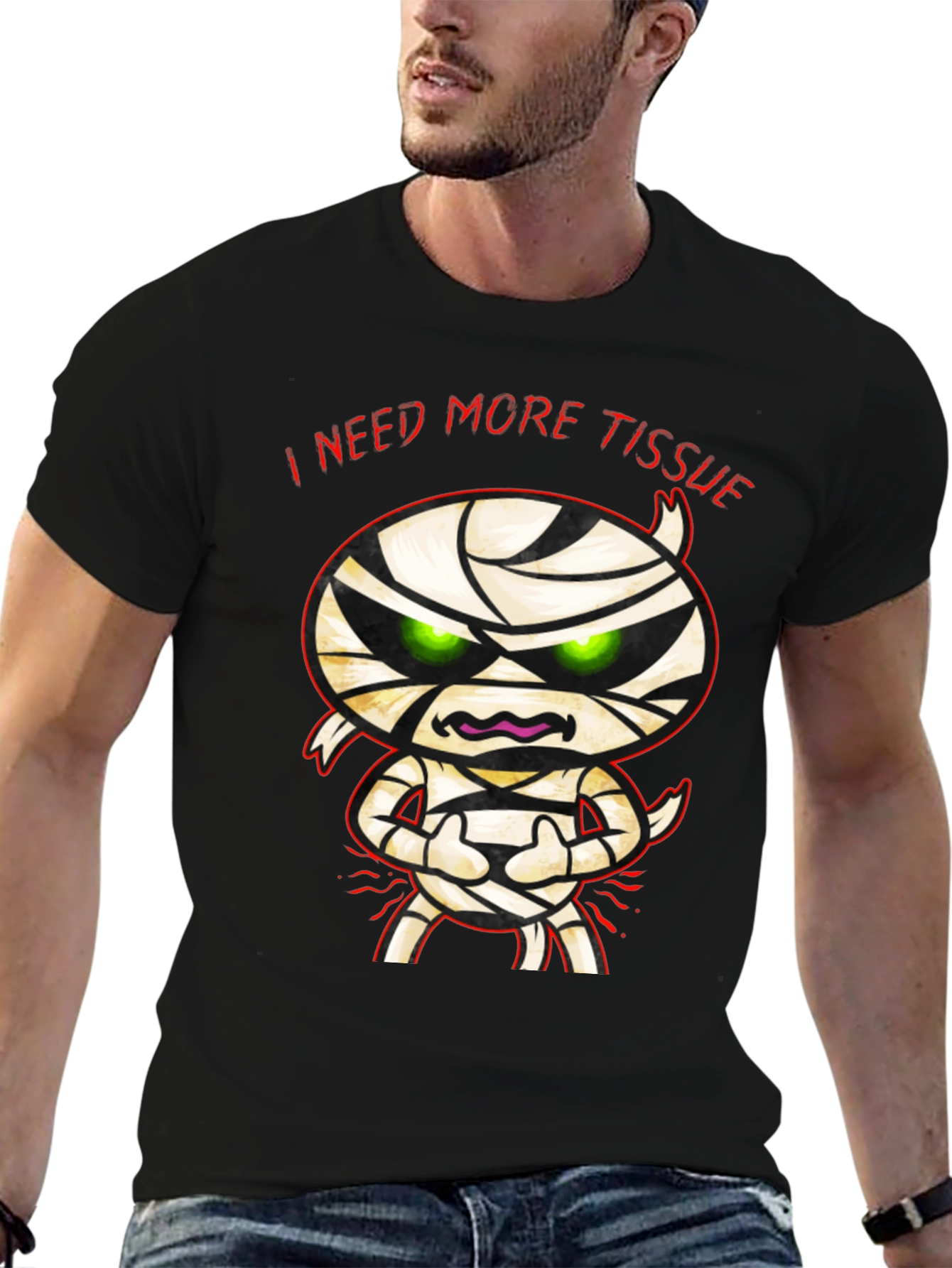Black I Need More Tissue Mummy T-Shirt - Funny Halloween Tee view 6