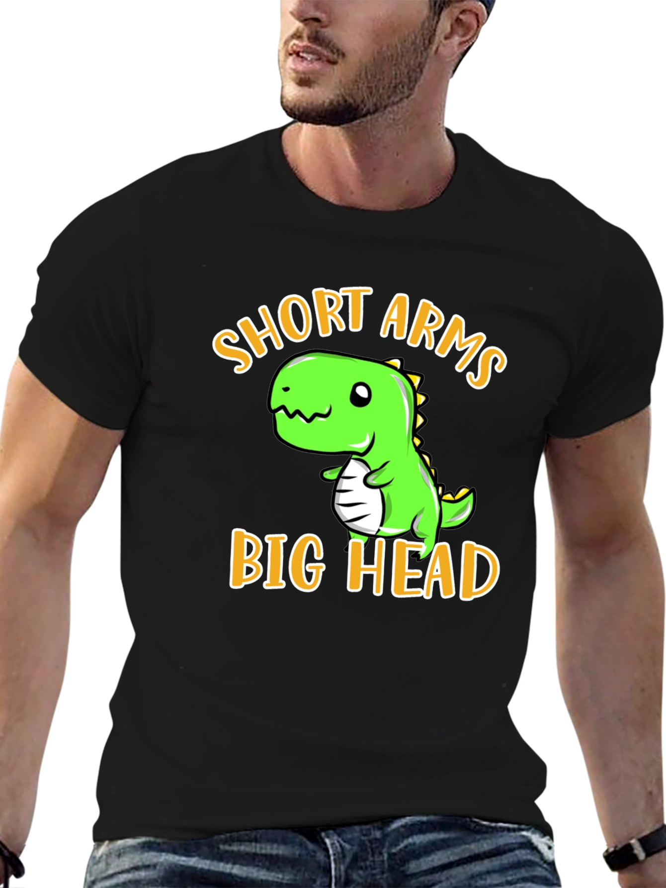 Black Short Arms Big Head T-Shirt - Funny Dino Tee view 6