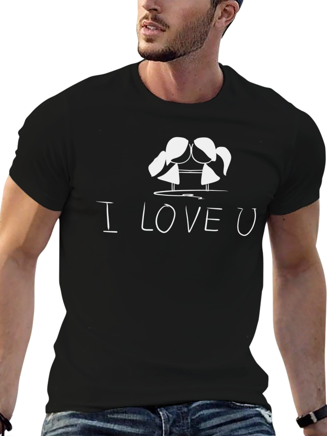 Black I Love U Graphic Print Black T-Shirt view 6