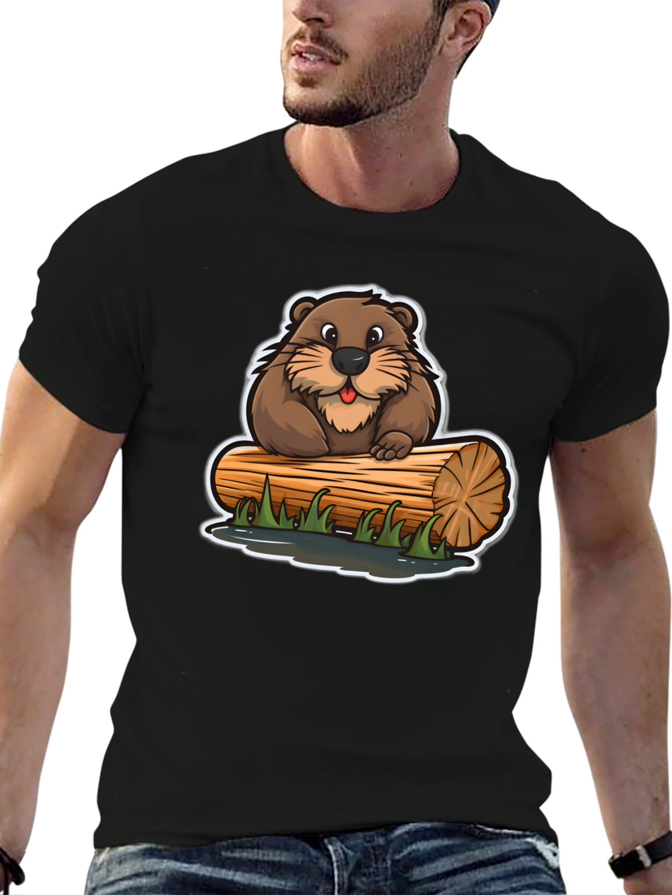 Black Cartoon Beaver on Log T-Shirt view 6