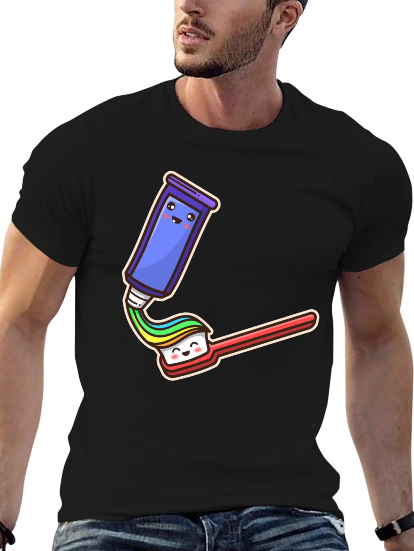 Black Cute Cartoon Toothpaste & Brush Black Tee view 6