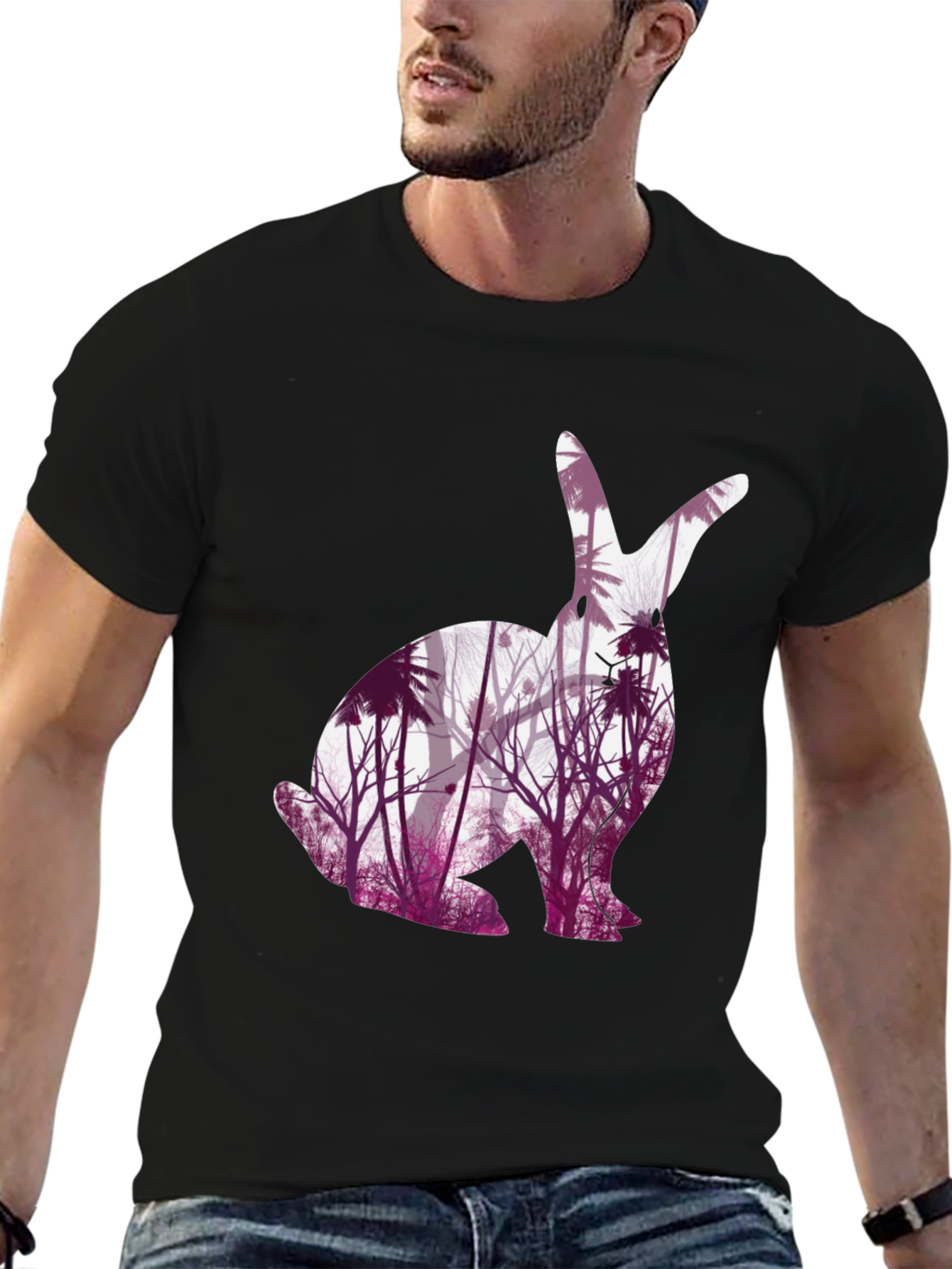 Black Nature-Inspired Rabbit Graphic Tee view 6