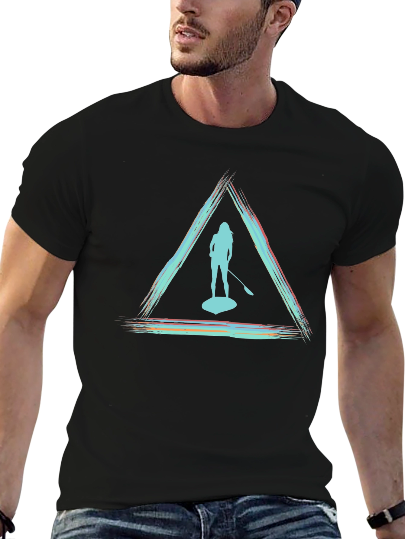 Black Paddleboarder Triangle Graphic Tee - Unisex Black T-Shirt view 6
